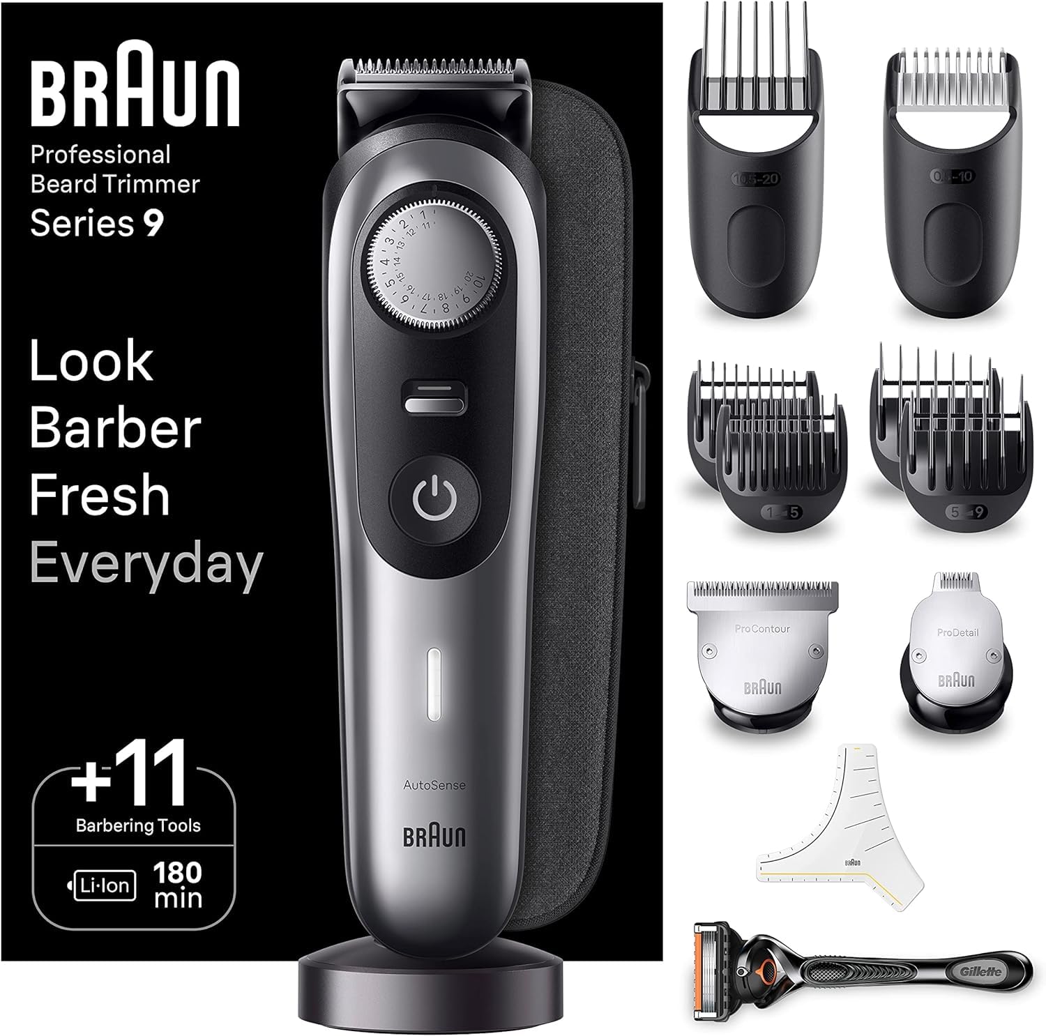 Braun Series 9 Recortadora de Barba, Máquina de Cortar Pelo, Cortapelos Hombre Profesional con Accesorios De Barbero Y 180 Minutos De Autonomía, BT9440