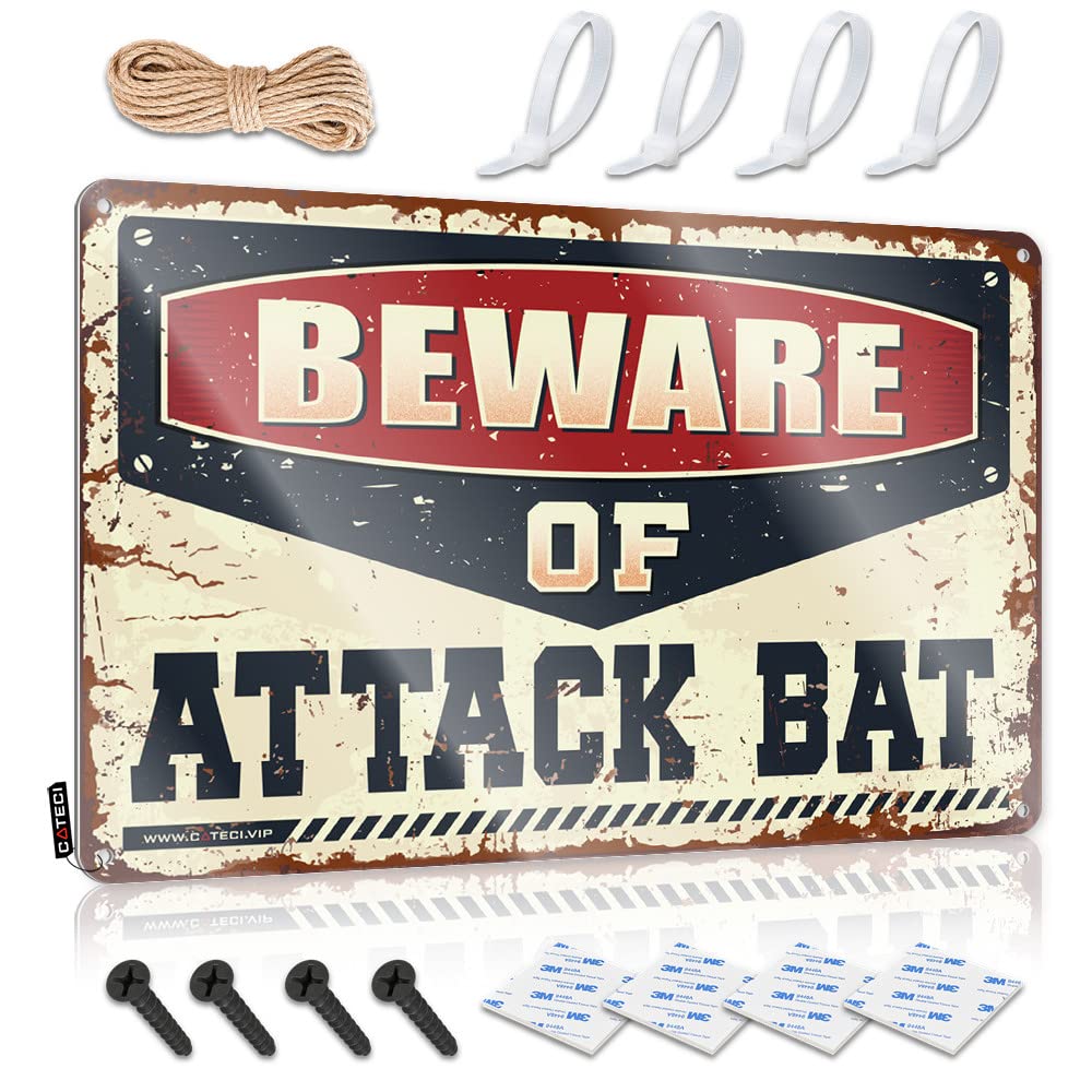IBWNBBUSN Tin Signs For Bar Beware Of Attack Bat Tin Sign Man Cave Wall Decor Funny Kitchen Tin Signs(30X40CM)
