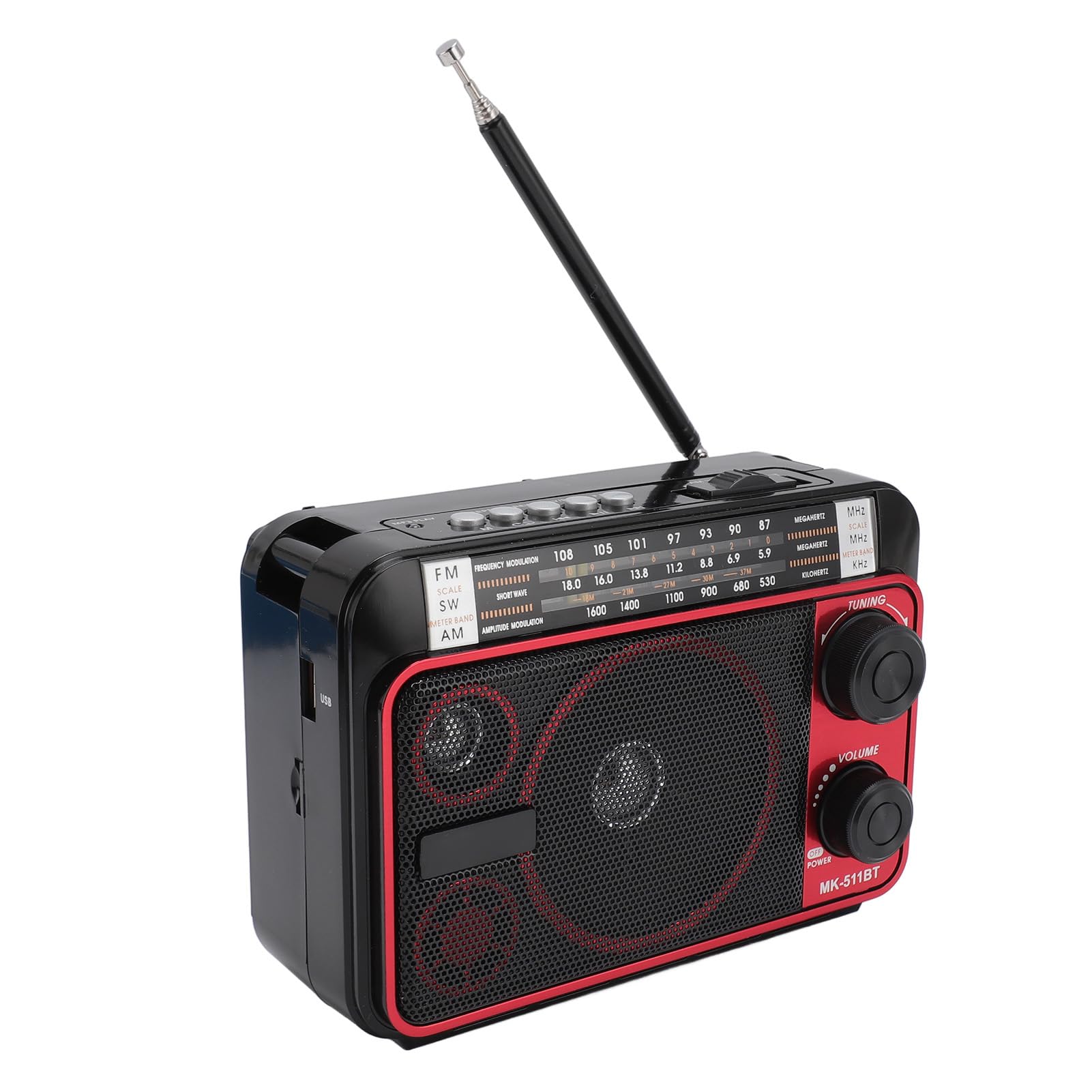Radio Am FM, Radio Portátil con Altavoz Bluetooth, con Antena Retráctil Larga, Funciona con Pilas, Alimentado por USB y Recargable, para Personas Mayores (Negro Rojo)