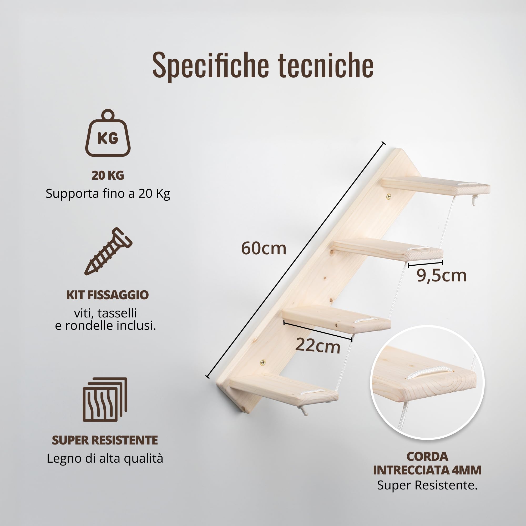 Scaletta per Gatti da Parete in Legno d'Abete Artigianale, Scala 4 Gradini Destra, per Giocare e Arrampicata per gatti con Resistenza Fino a 20 kg - Percorsipergatti