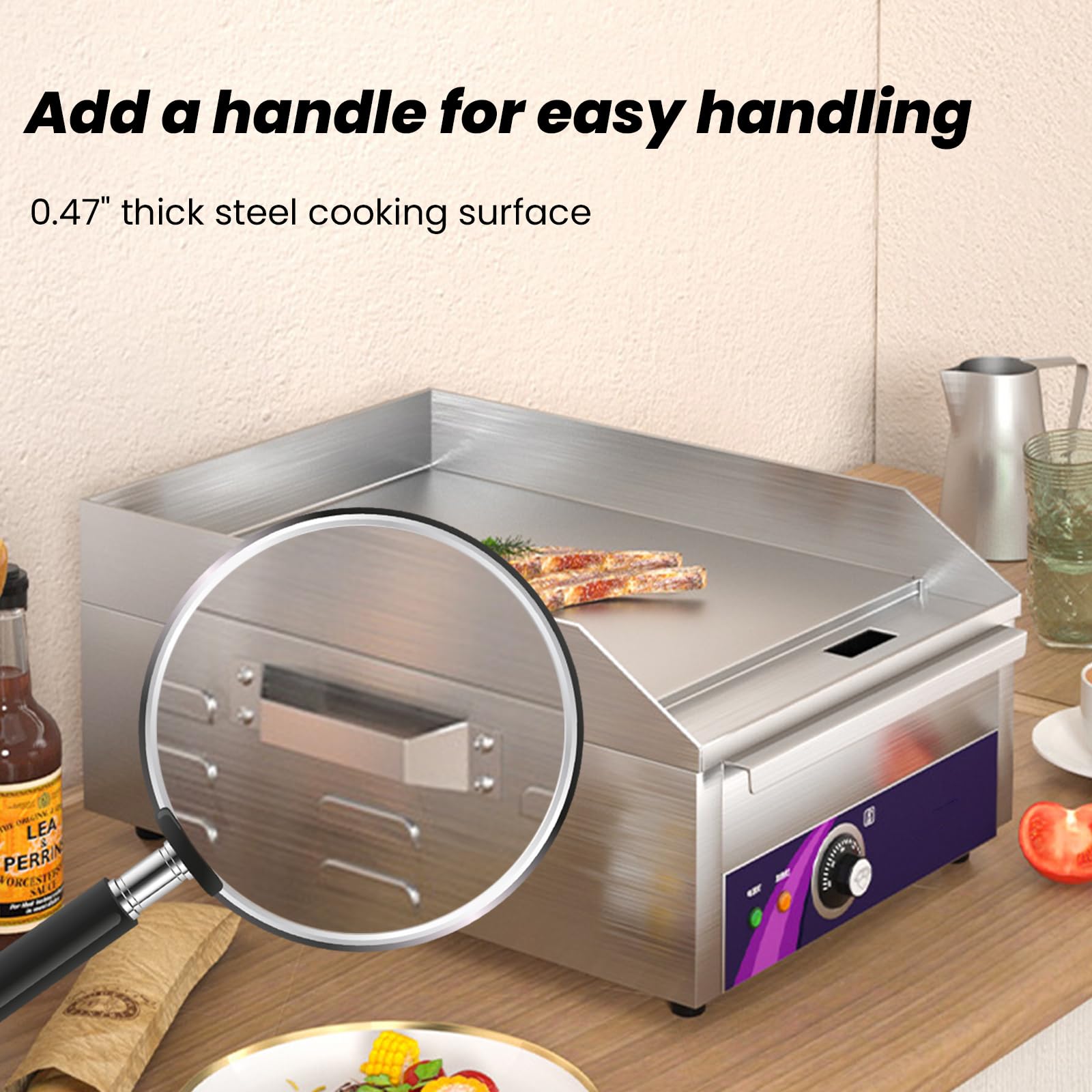 Piastra Elettrica Griglia Commerciale 13,7" con Manico, Piastra Liscia Elettrica da Banco 2500W Piastra Cottura Teppanyaki in Acciaio Inox per Cucina Temperature 50-300℃