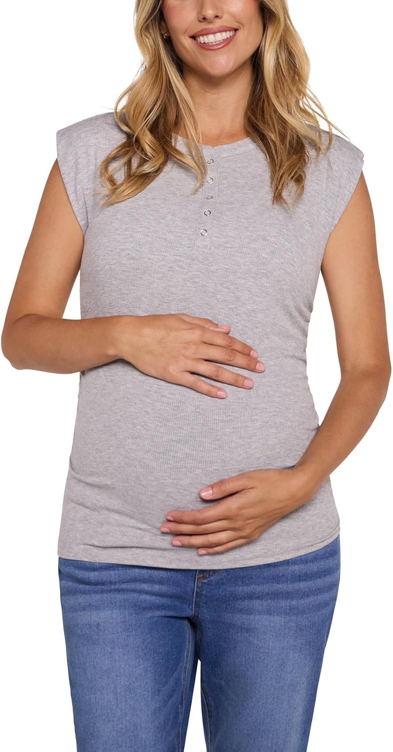 Motherhood Maternity Women's Cap Sleeve Henley Muscle Side Ruched Ribbed Pregnancy Tee Shirt