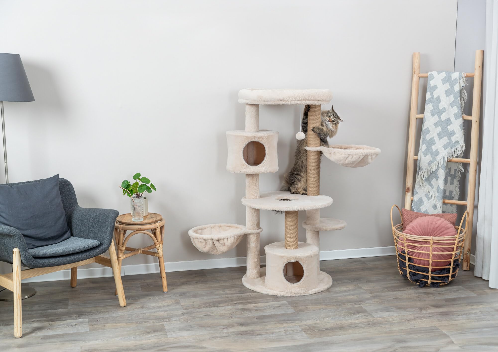 TRIXIE Anna 50-in Cat Tree, Sisal Scratching Posts, Cat Tower with Condos, Hammocks, Platforms, Hanging Cat Toy, Beige