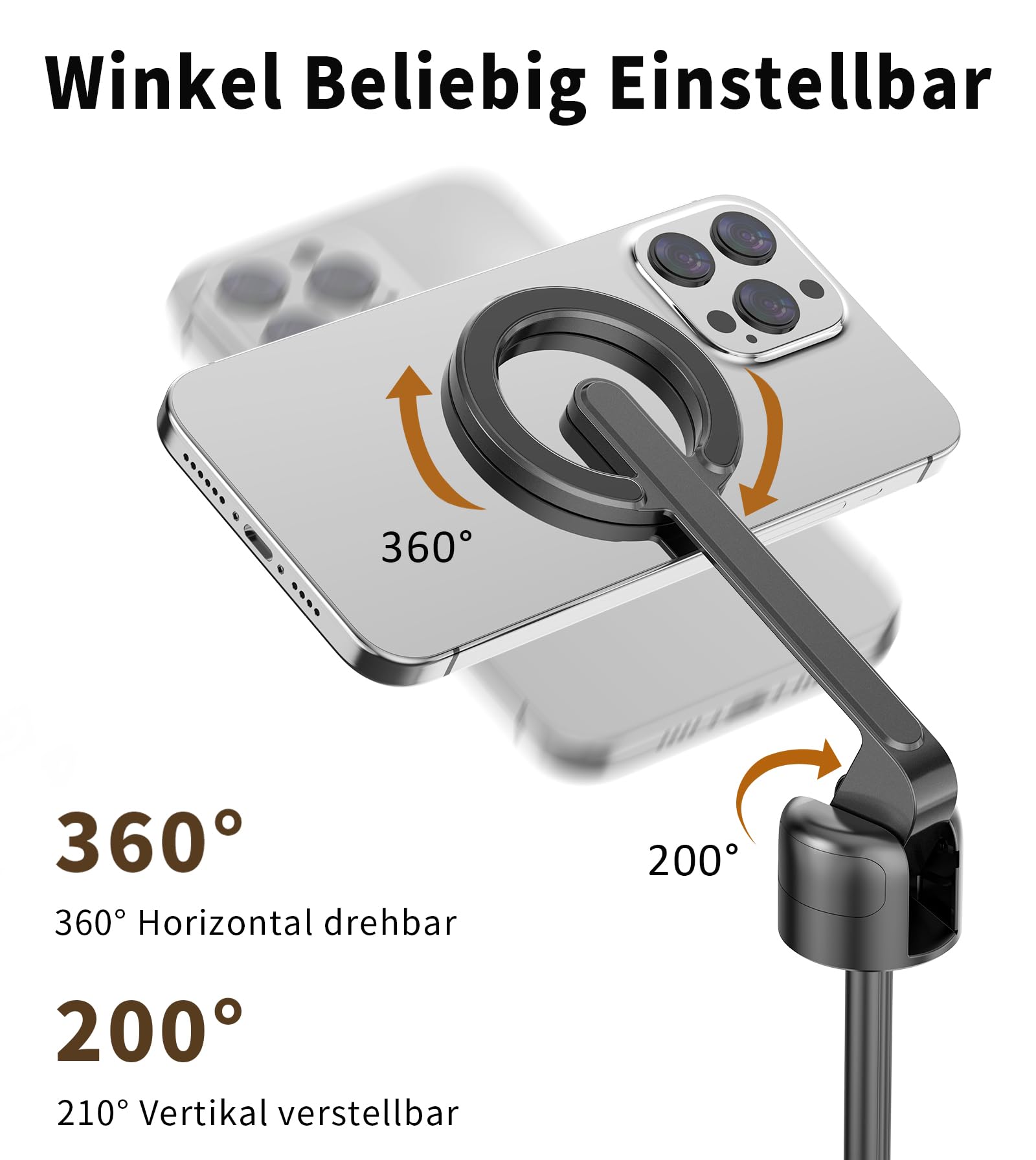TONEOF 173cm Magnetisches Selfie Stick Stativ, Stark Magnetischer Aluminium Halter für Magsafe, 360° Drehbar, Einziehbares Einbein Stative mit Metallring&Fernbedienung, Tragbares Handystativ-Schwarz