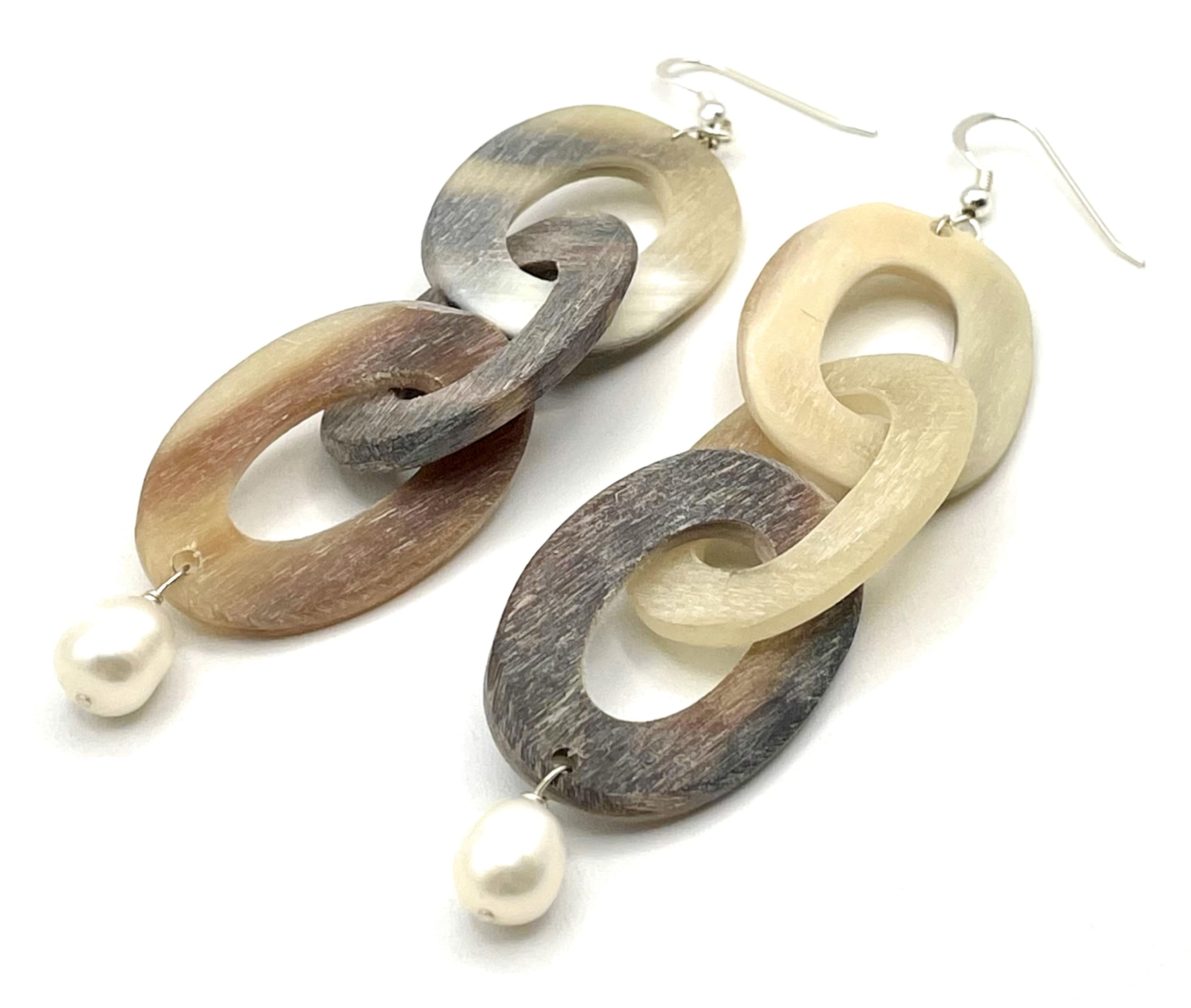 Orecchini con Corno e Perle Bianche Naturali, Pendenti Lunghi in Argento 925, Gioielli Pietre Dure, Regalo Compleanno per Lei, Bijoux