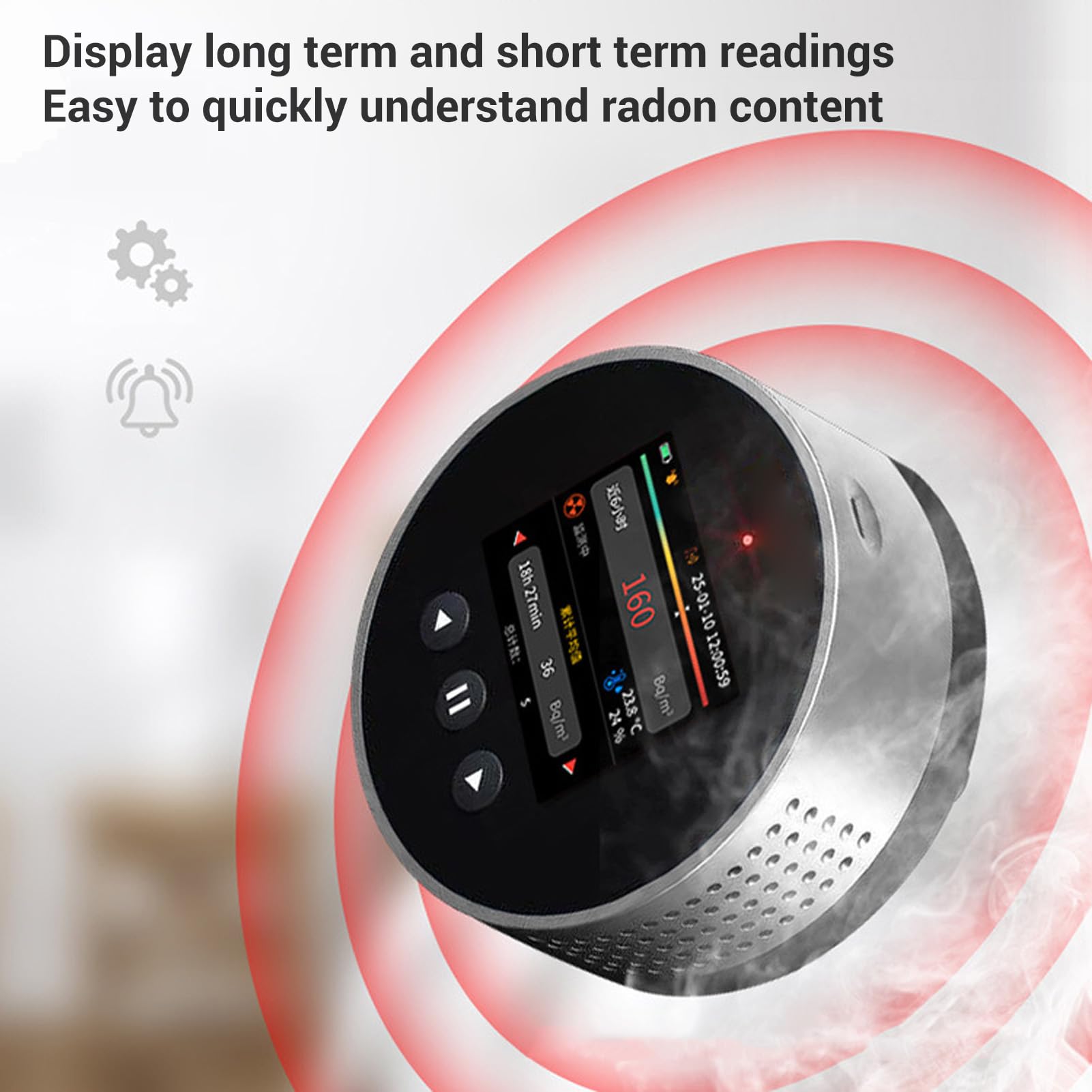 Rilevatore di Radon, Letture a Lungo Termine a Breve Termine, Display LCD, Alimentato a Batteria Ricaricabile, Portatile Compatto per Casa, Ufficio, Seminterrato Scolastico con