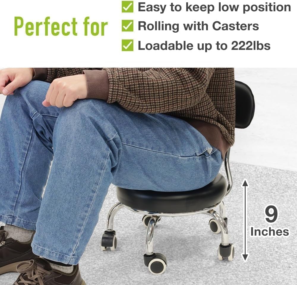 Japard Low Rolling Stool with Wheels High Backrest Garage Mechanic Roller Seat Chair, PU Leather Padded, Heavy Duty 220 lbs, Black