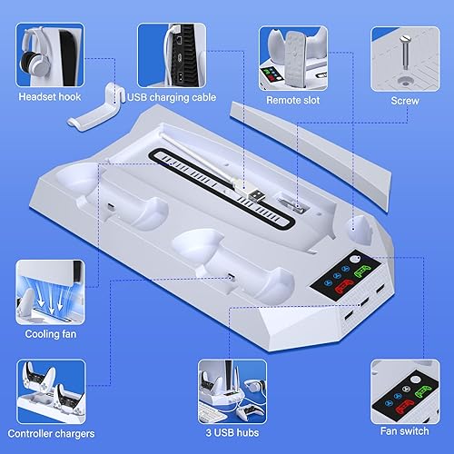 Miniatura 6 de DBEPANK Soporte para PS5 y estación de refrigeración con estación de carga de doble controlador PS5 soporte vertical con soporte para auriculares,