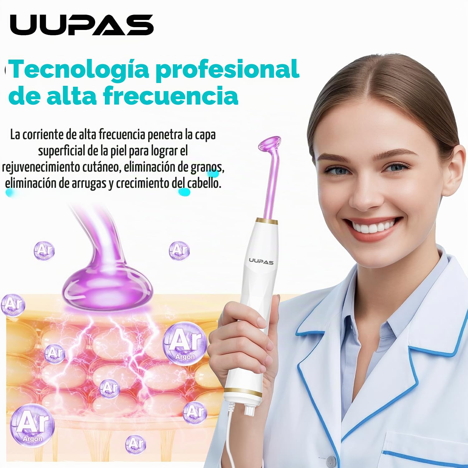 Alta Frecuencia Facial - UUPAS Profesional de 4 Argón de Alta Frecuencia | Portátil de High Frequency Wand para Estiramiento de la Piel, Elimina Arrugas, Acné, Pérdida de Cabello Masajeador Facial