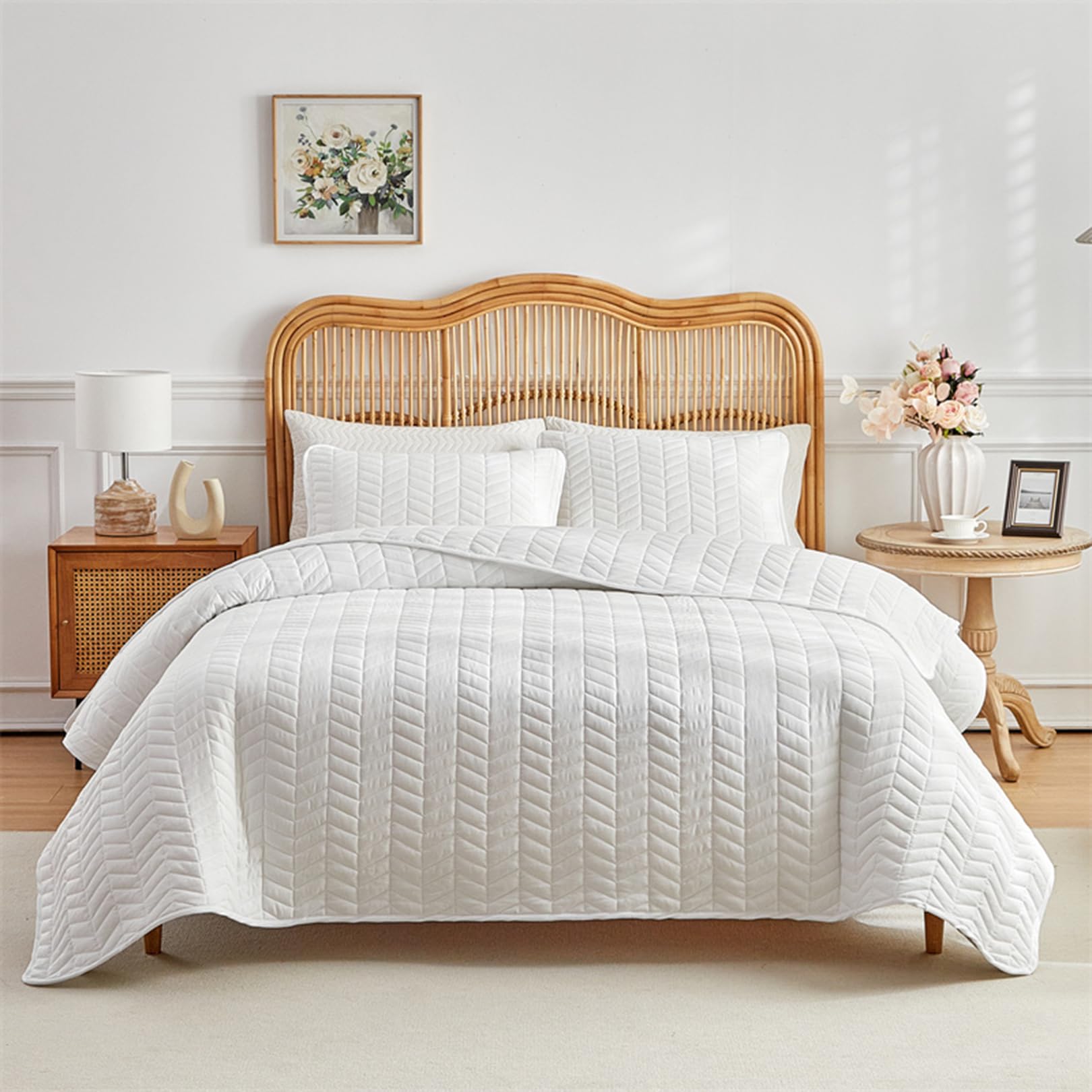 Yinghesheng Quilted Bedspreads Double Size-3 Pcs Soft Bed Spread, Coverless Quilted Ear of Wheat Pattern Bedspread for All Season, Bedding Sets with 2 Pillowcases for Bedroom Decor,White,Single
