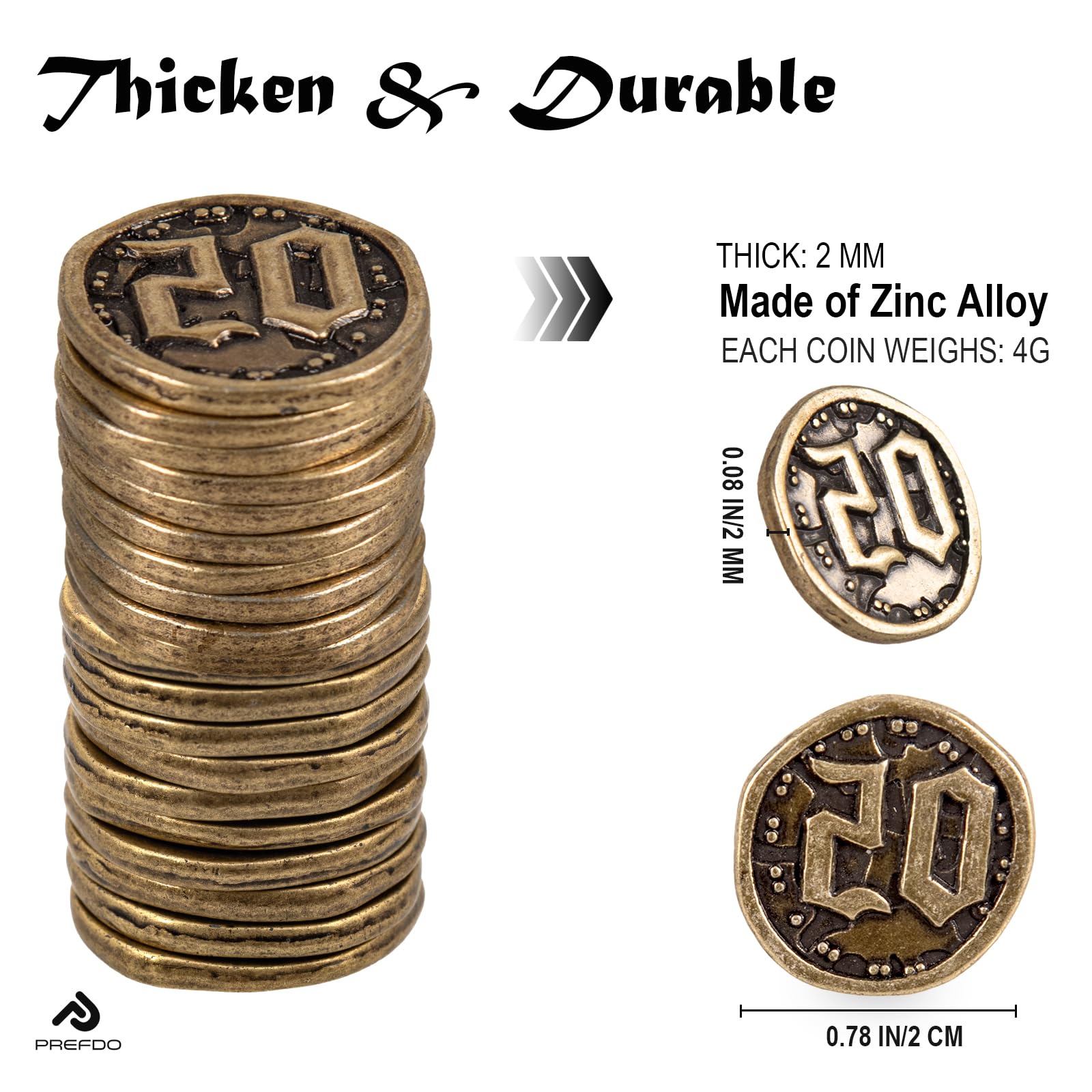 Monedas de metal para juegos de mesa, 20 fichas del tesoro para póquer, RPG, juegos de mesa de estrategia, moneda de fantasía, moneda genérica resistente (bronce, valor 20 monedas)