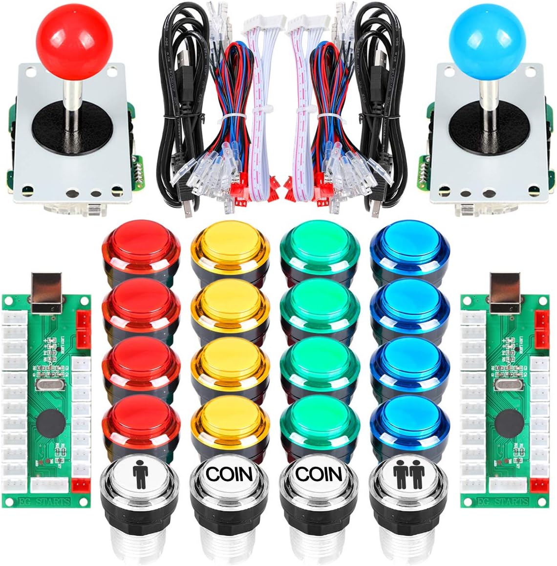 2 Player Arcade Stick DIY Kit USB Encoder to PC Joystick Games + 2x 5Pin Rocker + 16x 30mm 5V LED Lit Push Button 1 + 2 Players Coin Buttons For Raspberry Pi 1 2 3 3B Mame Fighting Stick