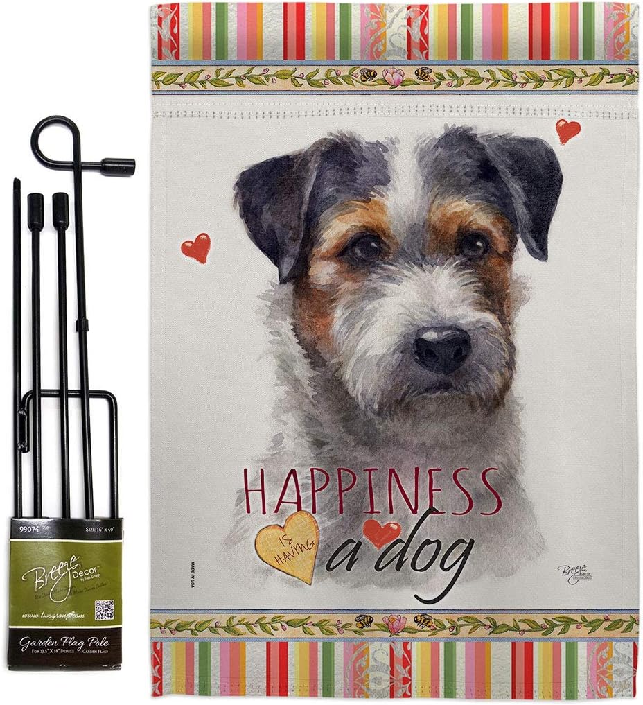 Breeze Decor Black Jack Russell Happiness Garden Flag Set with Stand Dog Puppy Spoiled Paw Canine Fur Pet Nature Farm Animal Creature House Banner Small Yard Gift Double-Sided, Made in USA