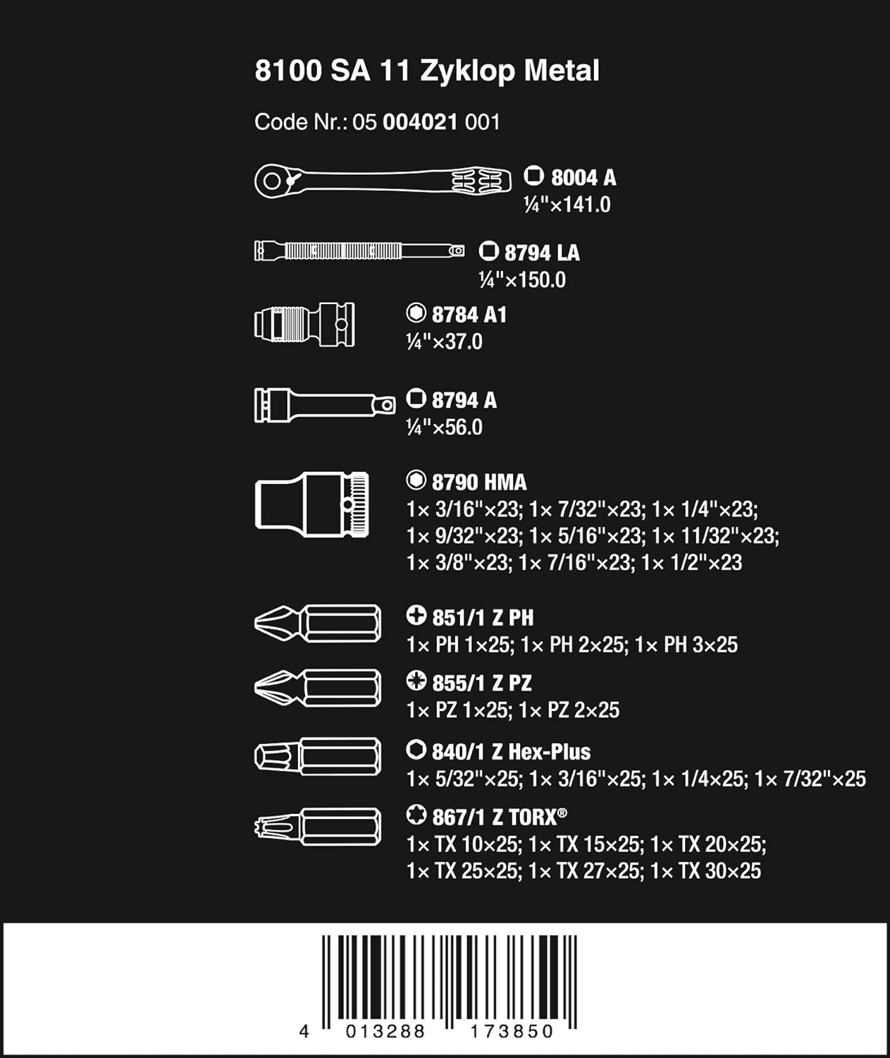 WERA 05004021001 8100 SA 11 Zyklop Imperial Metal Ratchet Set with Switch Lever, 28 Piece, 1/4" Drive