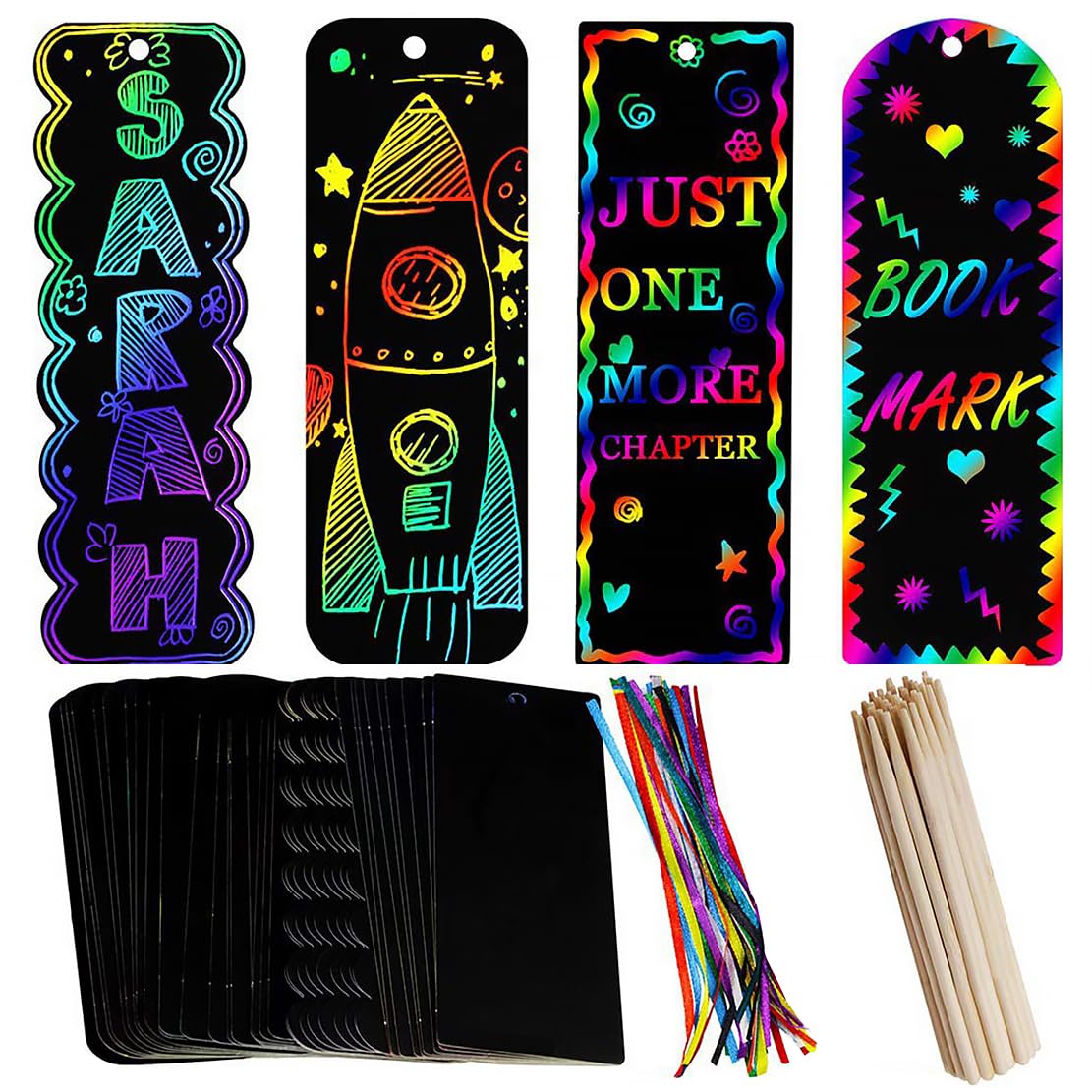 QNCIGER48 Pcs 4 Style Magic Scratch Rainbow Bookmarks for Kids Students Party Favor Scratch Paper DIY Bookmarks with Scratching Tools Satin Ribbons for Classroom Activities