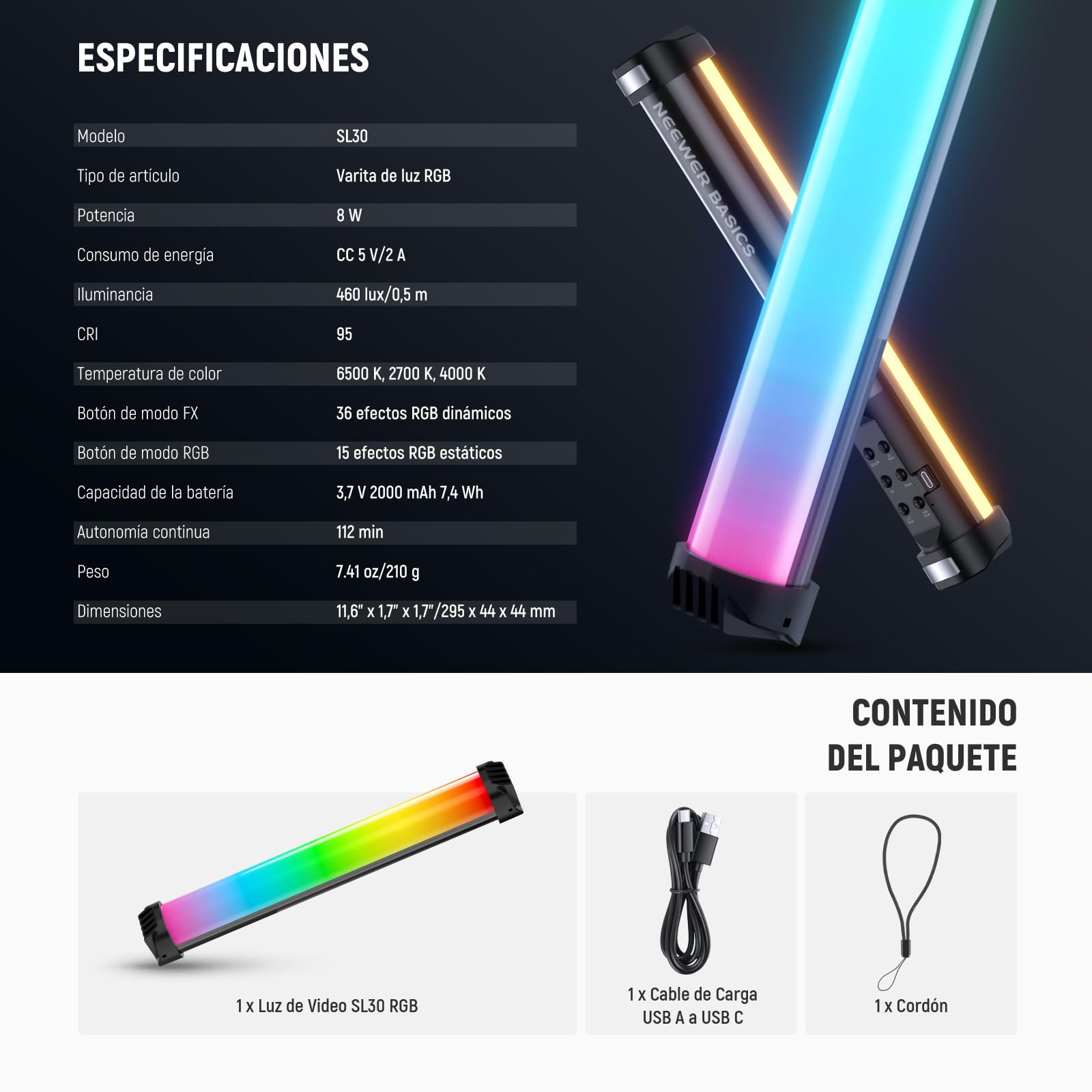 NEEWER Básico 12" Barra Luz RGB Magnética, Regulable CRI95 8W Tubo Luz LED Mano Tube Lighting Stick con 51 Modos RGB, Batería 2000mAh para Youtube TikTok Cámara Streaming Grabación Vídeo Estudio,SL30
