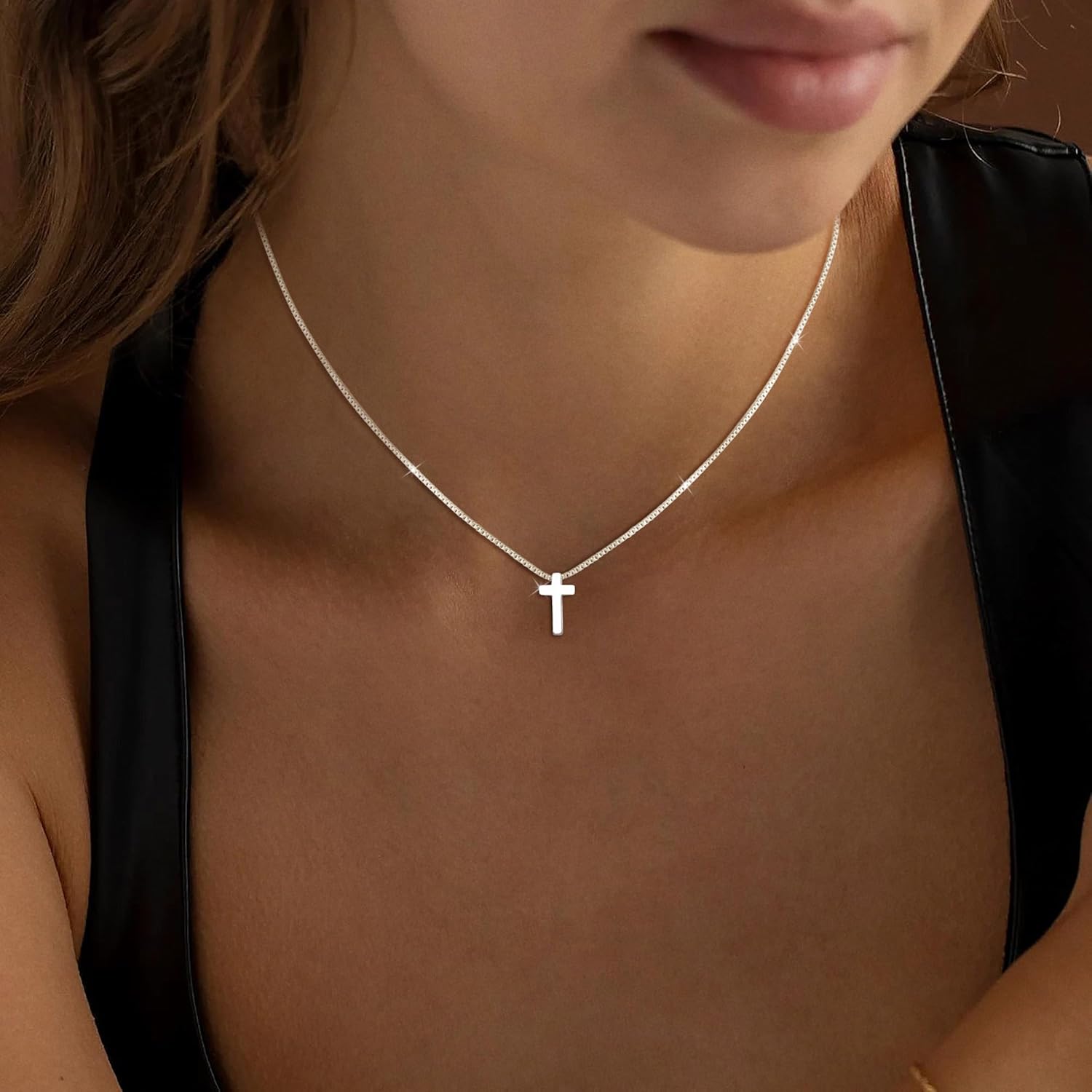 Cross Necklace for Women Sterling Silver Plated Dainty Cross Pendant Choker Trendy Simple Cute Small Cross Charm Chain Faith Jewelry Easter Christian Baptism Religious Minimalist Gift - Image 4
