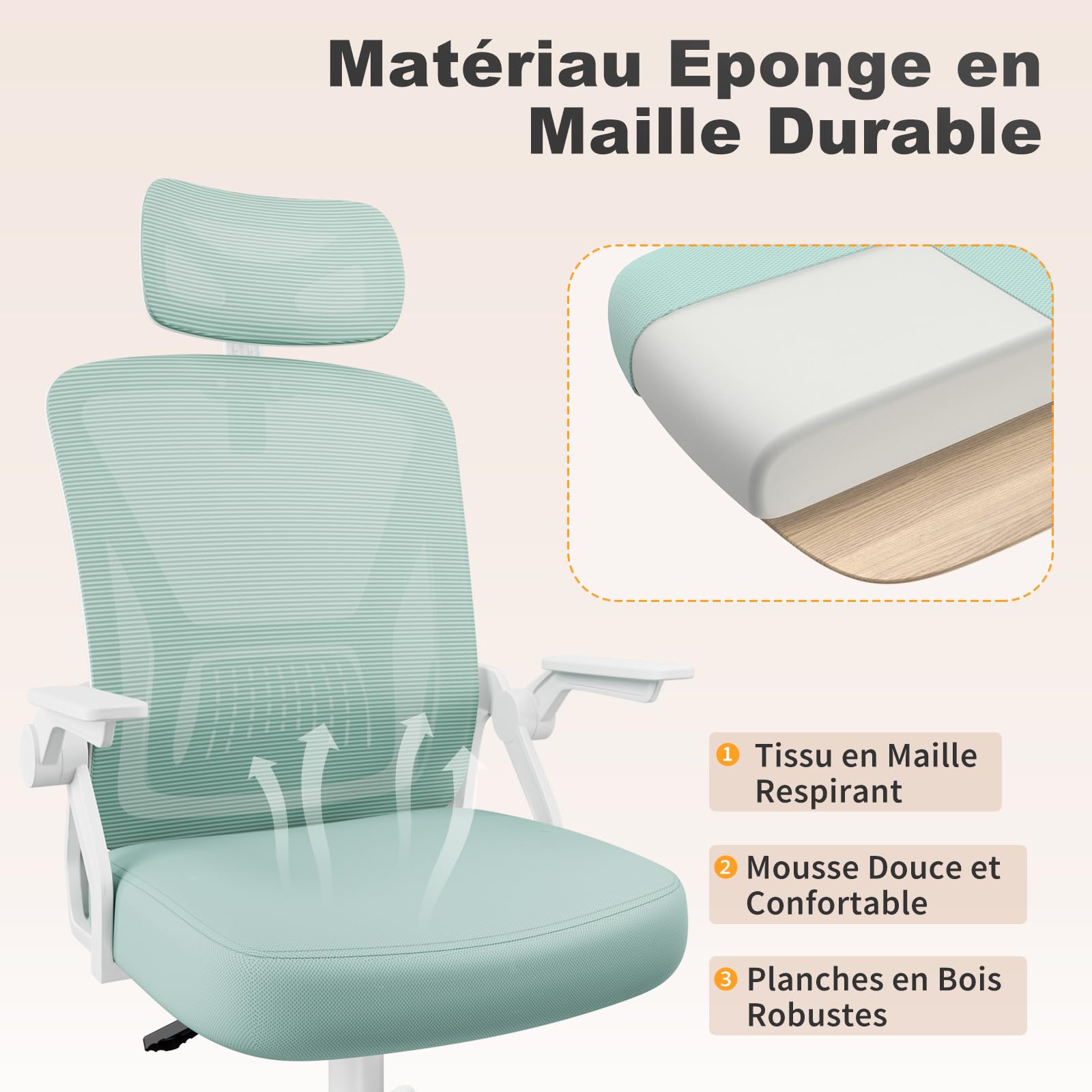 naspaluro Chaise de Bureau Ergonomique avec Accoudoirs Rabattables à 90° (avec Appui-tête, Blanc- Vert)