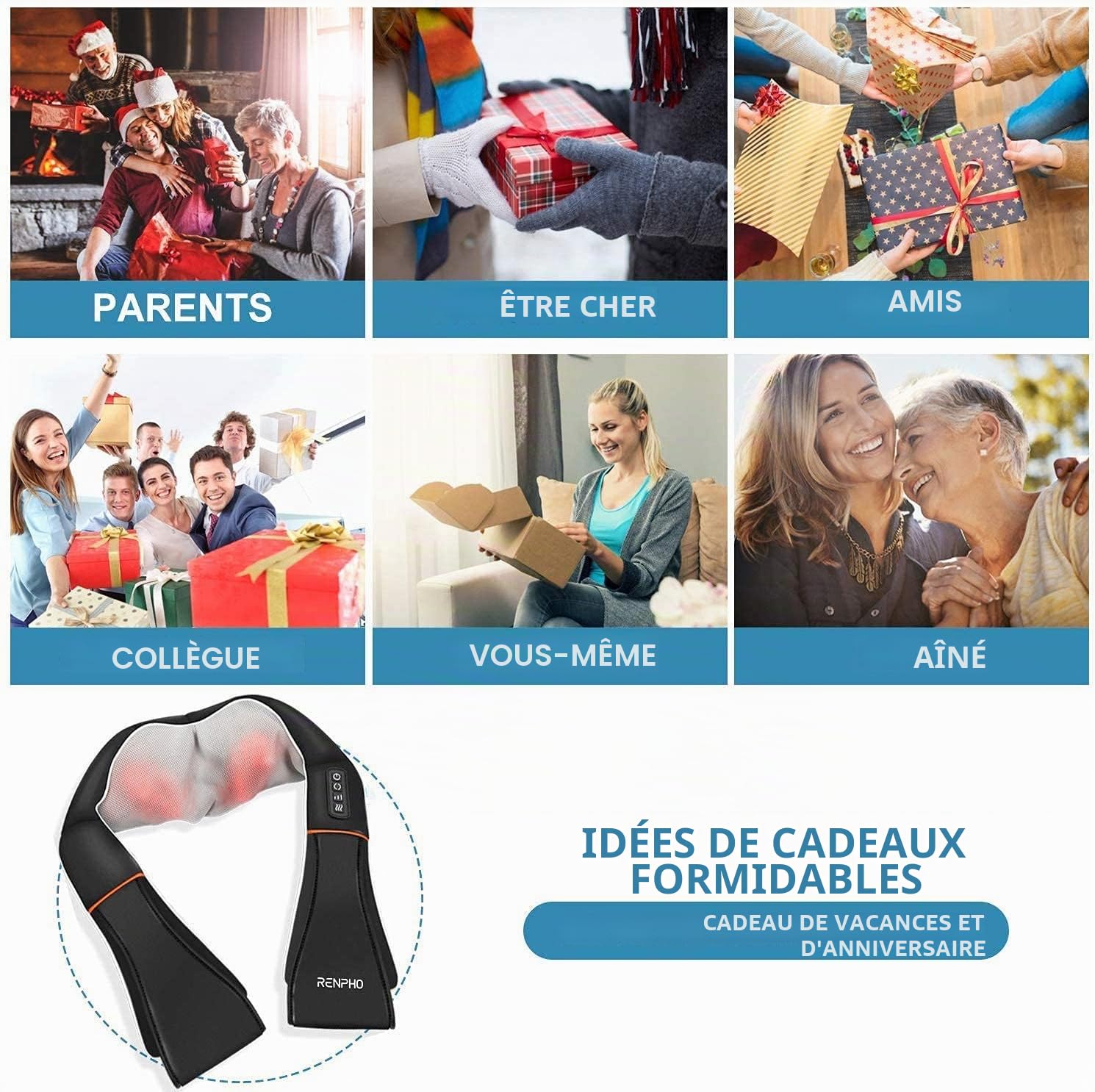 RENPHO Masseur Cervical, Appareil de Massage Shiatsu, Massage Dos et Cou Épaules avec Chauffage, 3D-rotation Vitesse Réglable, Cadeaux pour Meres Papa Femme Homme