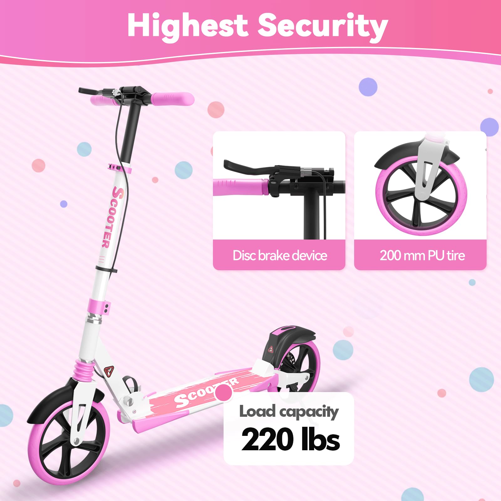 MEE GOO H007D Trottinette Adulte Pliable – Frein à Disque, Double Amortisseur, Roues 200mm, Roulements ABEC-7, Chargement 100kg, Bleu/Blanc/Rose