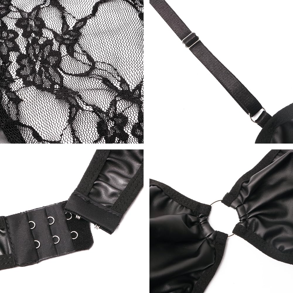 Sexy Femme Ensemble Lingerie Jarretière avec Porte Jarretelles Dentelle PU Body et String Ensemble, 3 Pièces Jarretière Wetlook Cuir Verni Mini Jupes Lingerie Babydolls Negligee S-XL