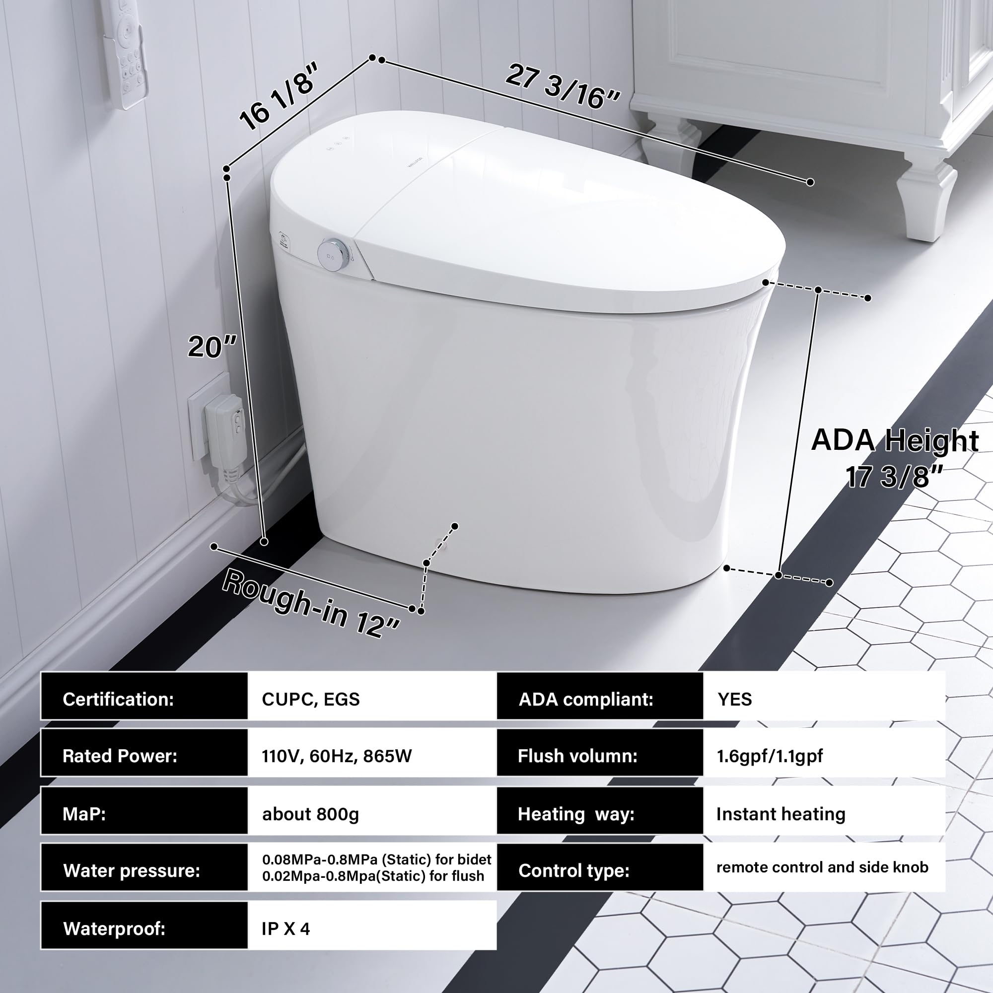 WELLFOR Smart Bidet Toilet with Built-in Tank 1 6 GPF Auto Flush Smart Toilet Heated seat Remote Control — view 3