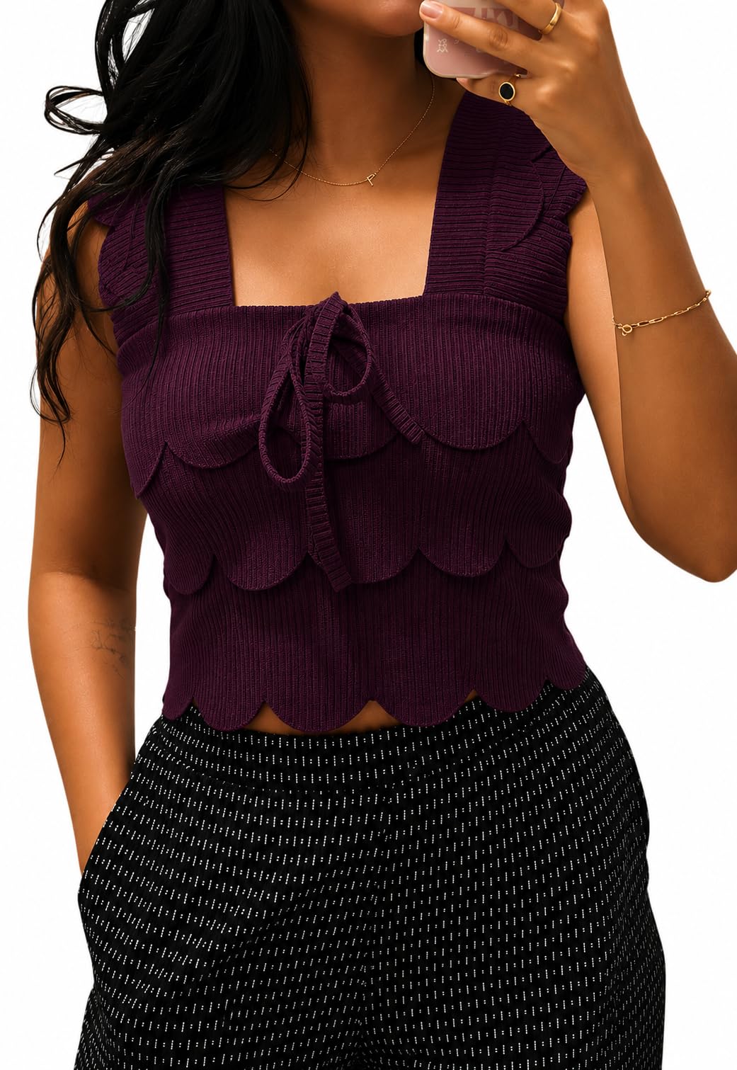 Women’s Scalloped Layered Crop Top (in, Alpha, L, Regular, Purple)