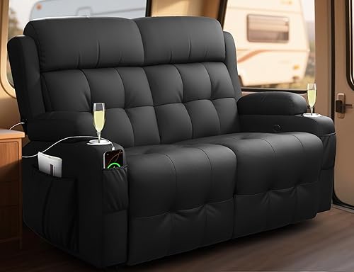 Miniatura 21 de Sofá reclinable para autocaravana, sillón reclinable de gran tamaño de 3 plazas con respaldo central abatible, cajones y portavasos, cama Negro