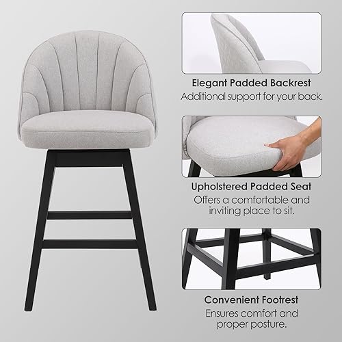 Miniatura 6 de Juego de 2 taburetes de bar giratorios de altura de mostrador, 360 pulgadas de alto, sillas de comedor de tela de lino con patas de madera maciza,