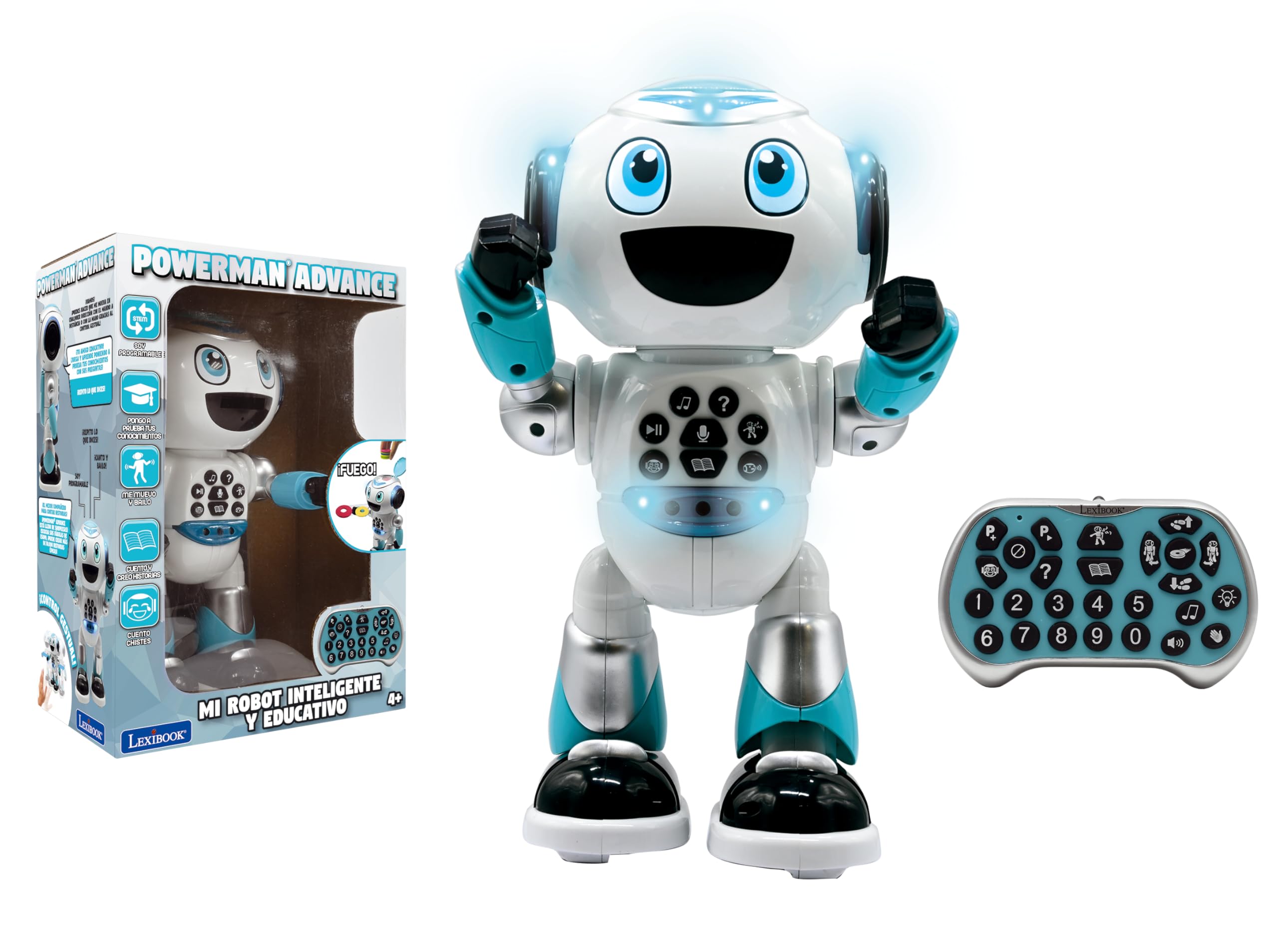 Lexibook, Powerman Advance, Robot telecomandato, giocattolo interattivo per bambini, cammina, balla, suona musica, fa e racconta storie, concorsi educativi, Stem programmabile, spagnolo, ROB28ES
