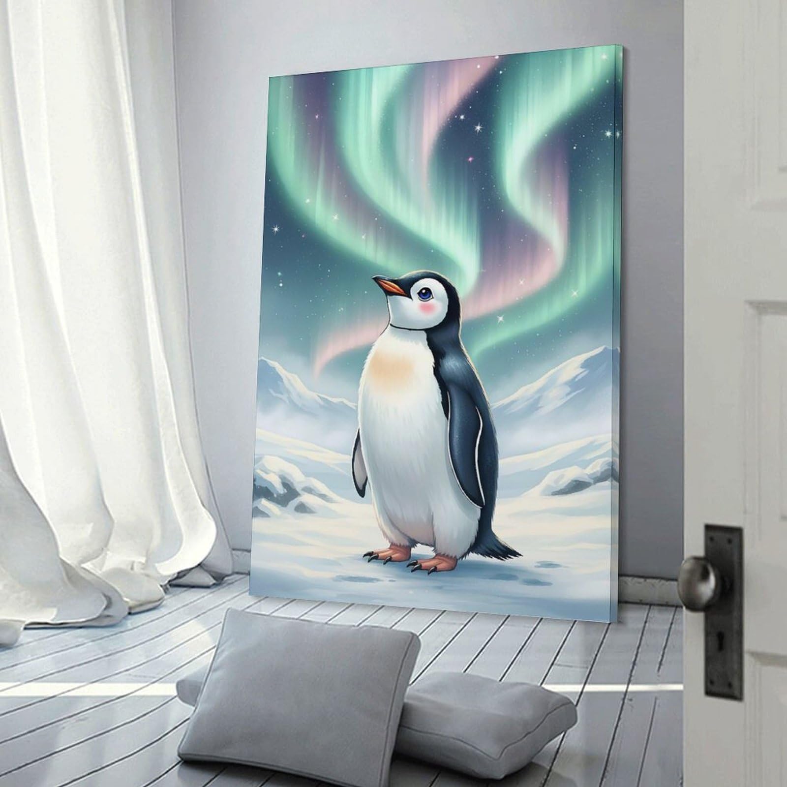 Junmoney Cartoon Penguin Under Aurora Borealis Wall Picture Print 20x30inch(50x75cm), for Entrance Spaces, Stair Walls Or Halls, Decorative Canvas Styling for Entry Areas
