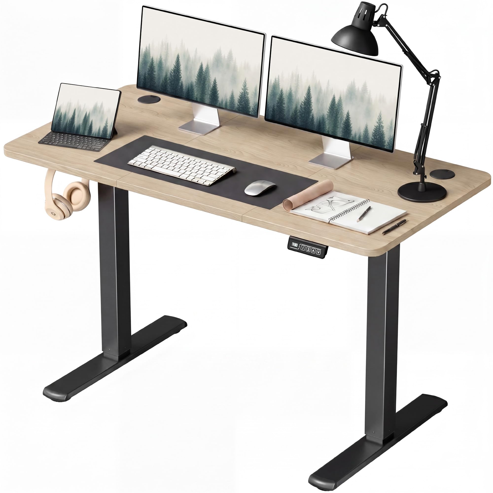 Furmax Electric Height Adjustable Standing Desk Large 48 x 24 Inches Sit Stand up Desk Home Office Computer Desk Memory Preset with T-Shaped Metal Bracket, Maple | Large Sit Stand Up Computer Desk Memory Preset with T-Shaped Metal Bracket, Maple