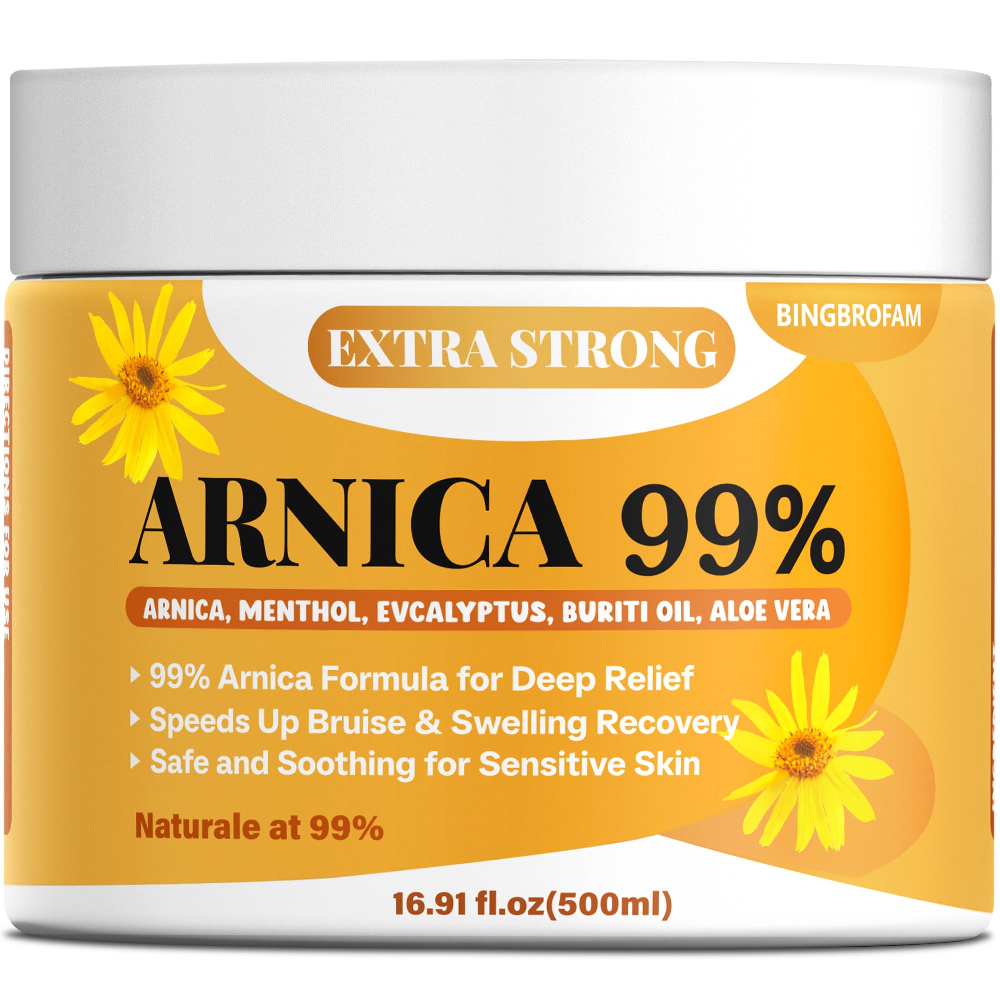 Bingbrofam Arnica Cream 99% Extra Strength Gel Pain Relief for Fast Healing Thin Skin, Seniors Bruises with Menthol, Swelling, Soothing Massage, 16.9