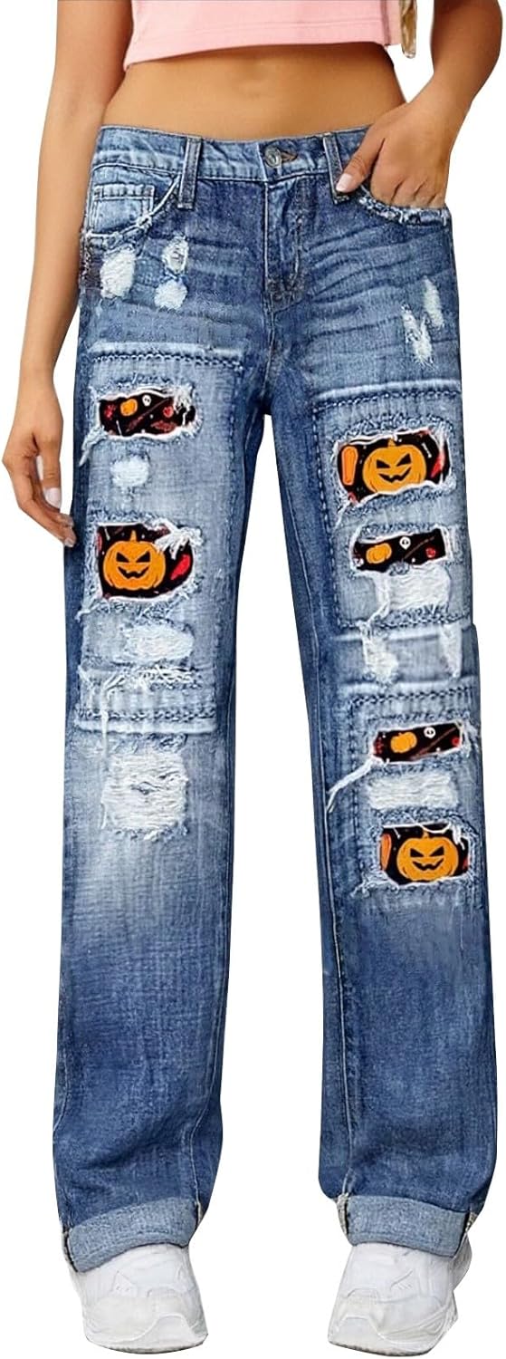 Distressed Jeans for Women Plus Size High Waisted Straight Leg Halloween Ripped Jeans with Iron Non Pumpkin Patches