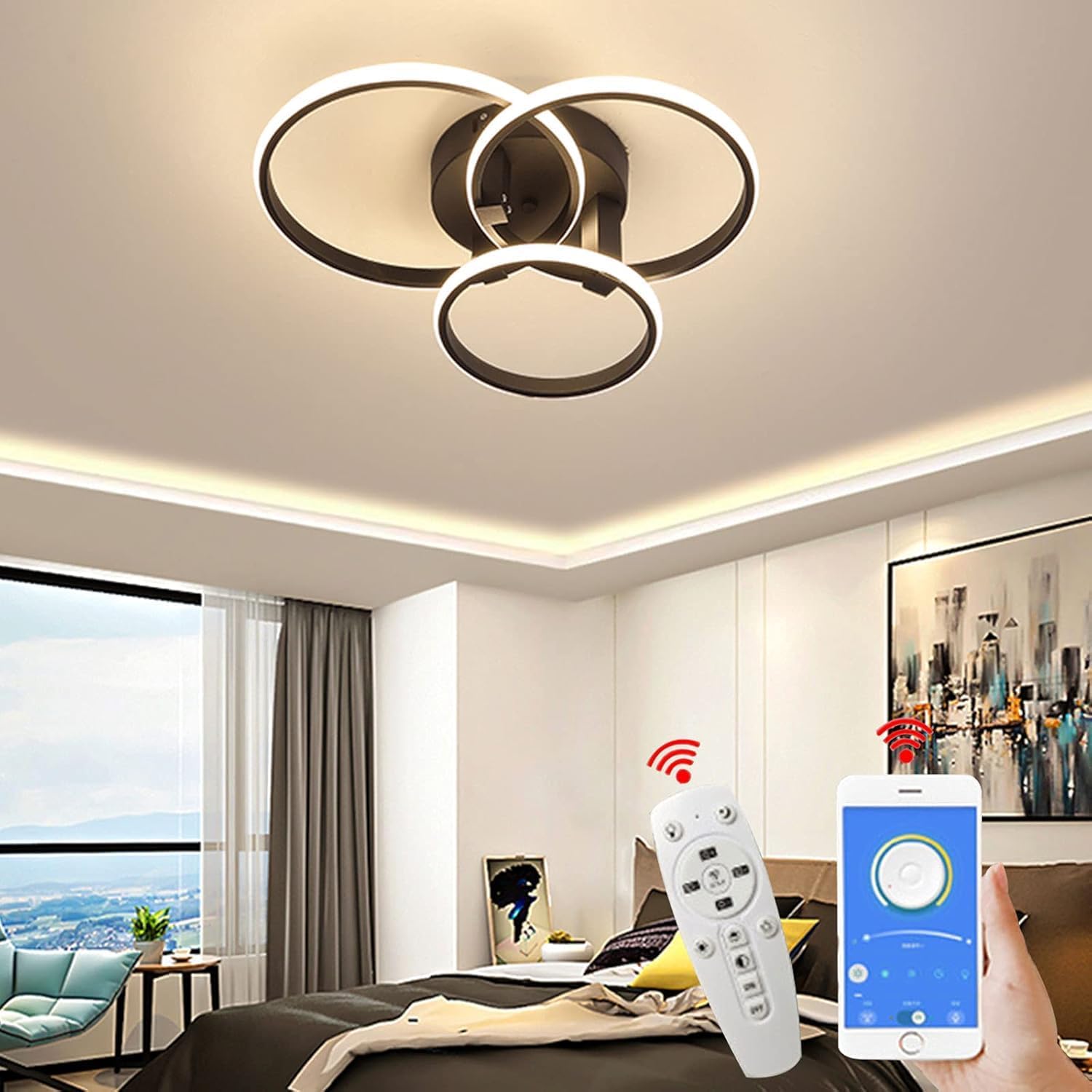 Modern LED Ceiling Lights, 30w Flush Mount Ceiling Light Fixtures Dimmable with Remote Control Chandelier, Black 3 Rings Lamps for Bedroom Foyer Living Room Dining Room Kitchen Office Home