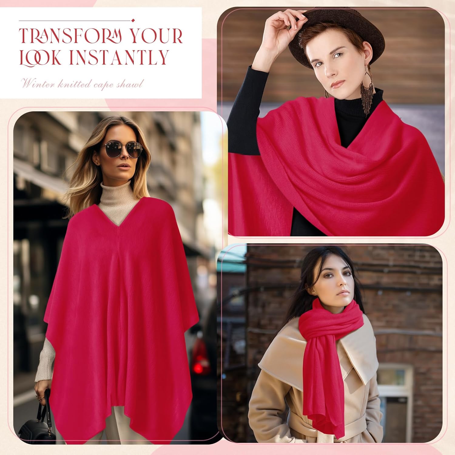 Hercicy Women Ponchos Sweater Solid Knit Versatile Lightweight Shawl Wrap Scarf Cape Poncho Accessories for Women - Image 5