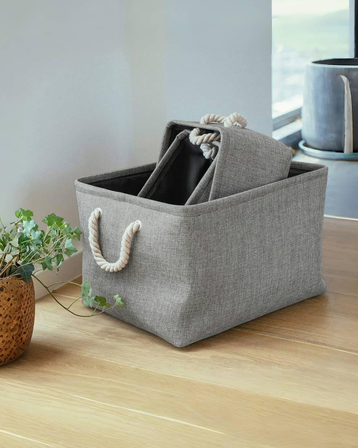 Mangata Scatola portaoggetti pieghevole in tela, cesto portaoggetti pieghevole per armadio e scaffale (Grigio, L - 4 Pack)
