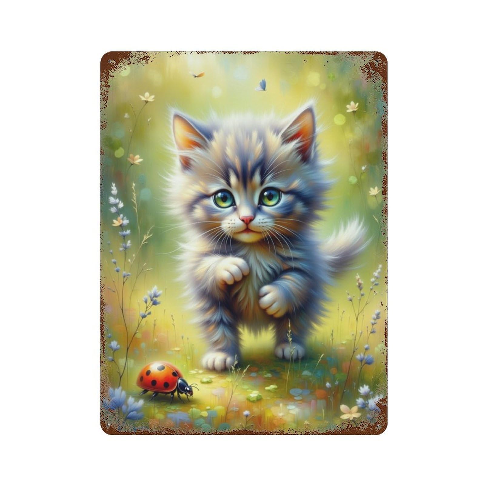 Kitten in Flower Field Retro Metal Sign 15.7"x11.8", for Bistro, Counter And Cafe Decor, Rustic Home Decor
