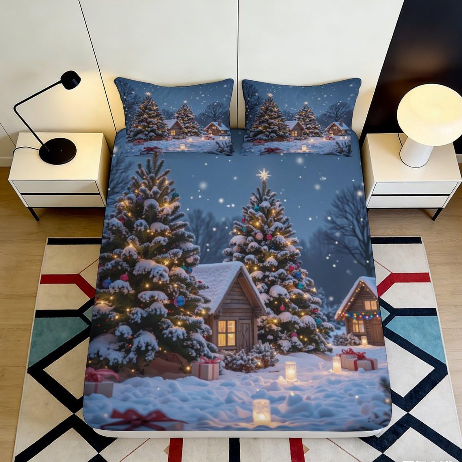 3D Printed Christmas Village Fitted Sheet Microfiber Soft Snowy Pine Tree Bed Cover for Bedroom Guest Room 90x200x25cm