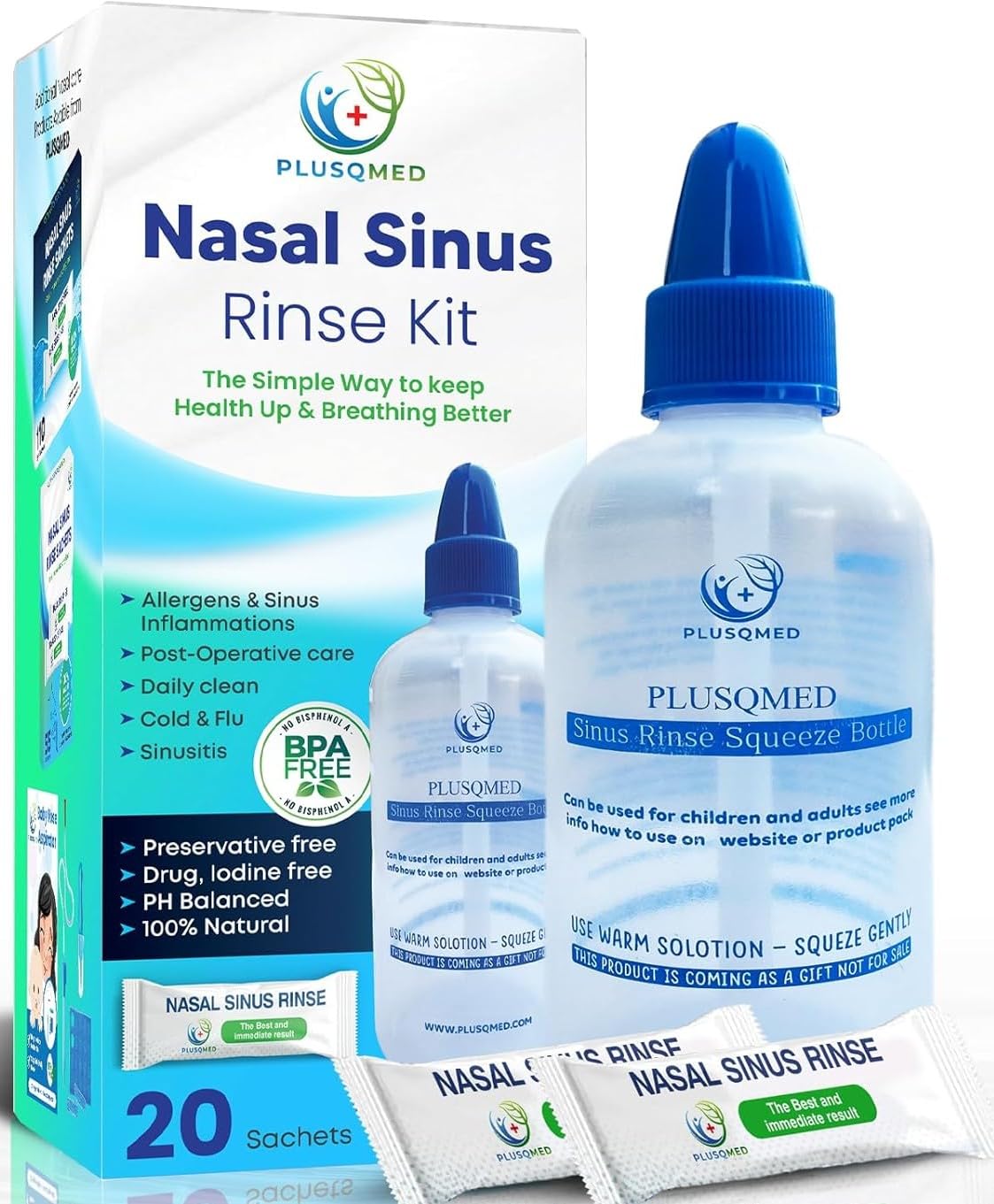 Sinus Rinse Kit, Bottle with Squeezer, Neti Pot, +20 Sachets of Salt, Plusqmed Original, Nasal Wash, Sinus Rinse, for Adults and Kids, Nasal Shower for Nose Cleaning and Washing