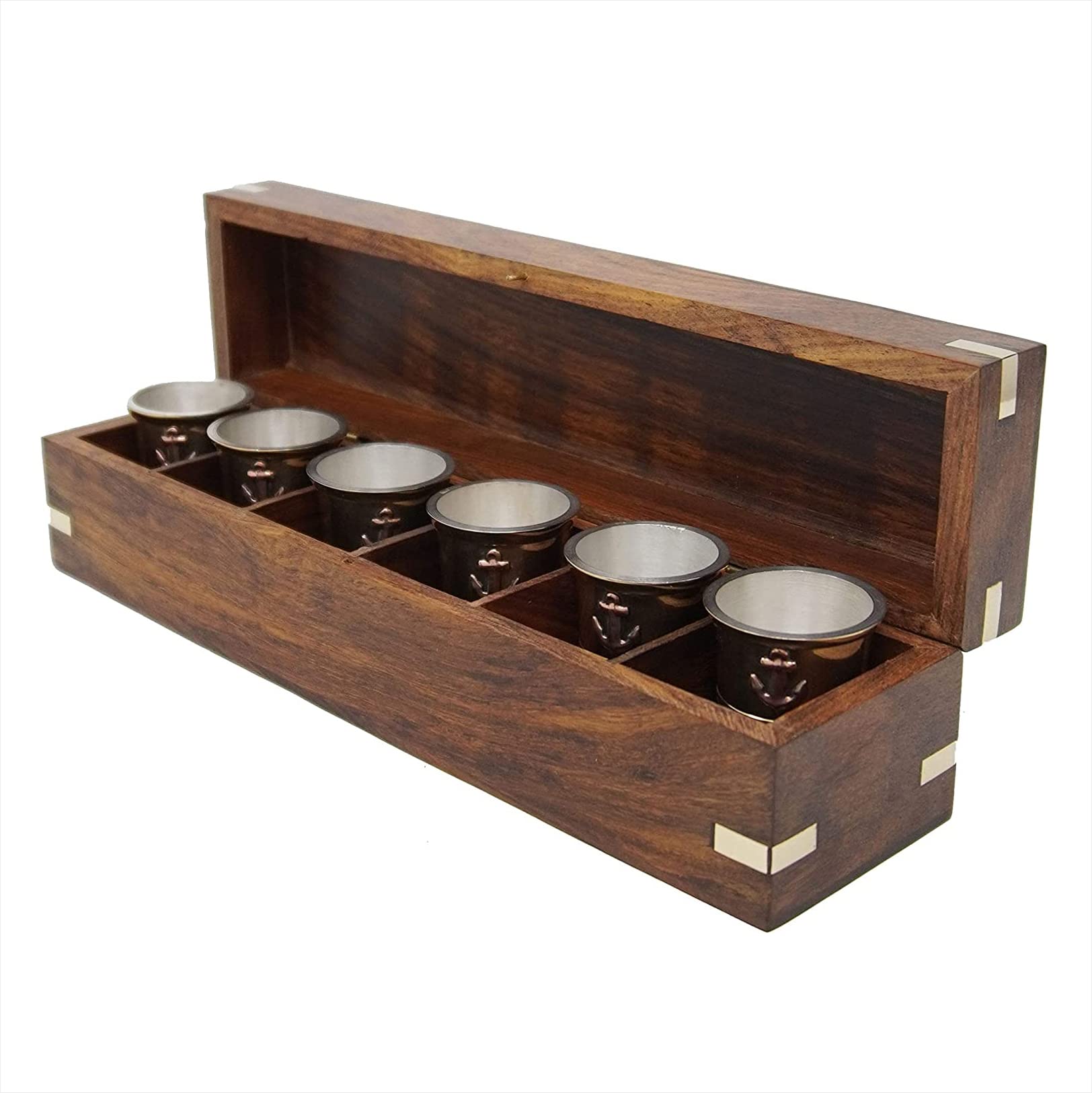 6 verres à shot avec étui en palissandre Compartiments Accessoires de rangement de bar en bois Idées cadeaux pour hommes Vaisselle