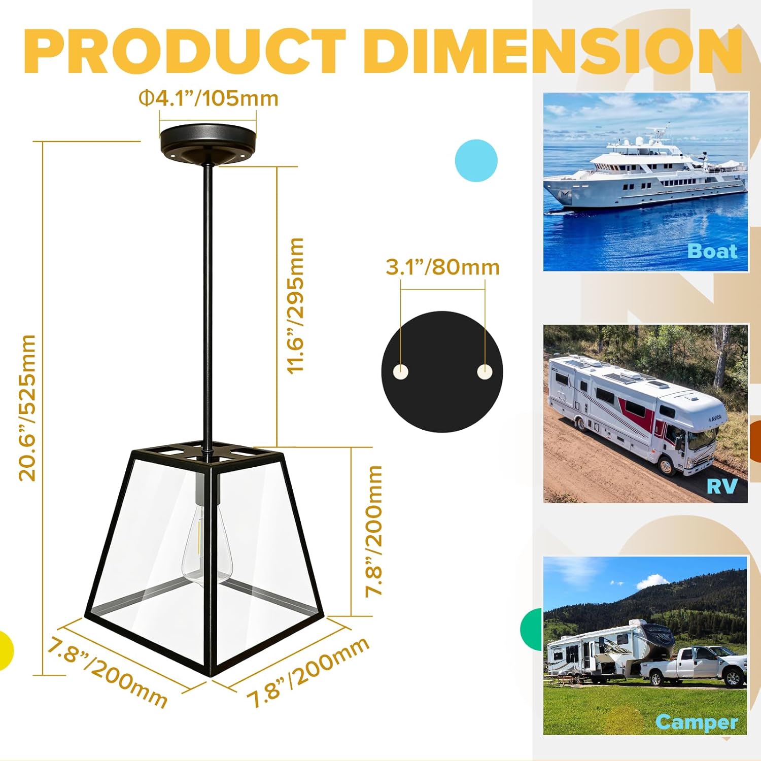 RV Pendant Lights Interior 12v Black Nickel RV Light Fixtures with LED Replacement Bulb for Camper Trailer Kitchen Island Lights Surface Mount 3W 3500K Soft White Lighting No Switch 20.6 Inch, 1-Pack