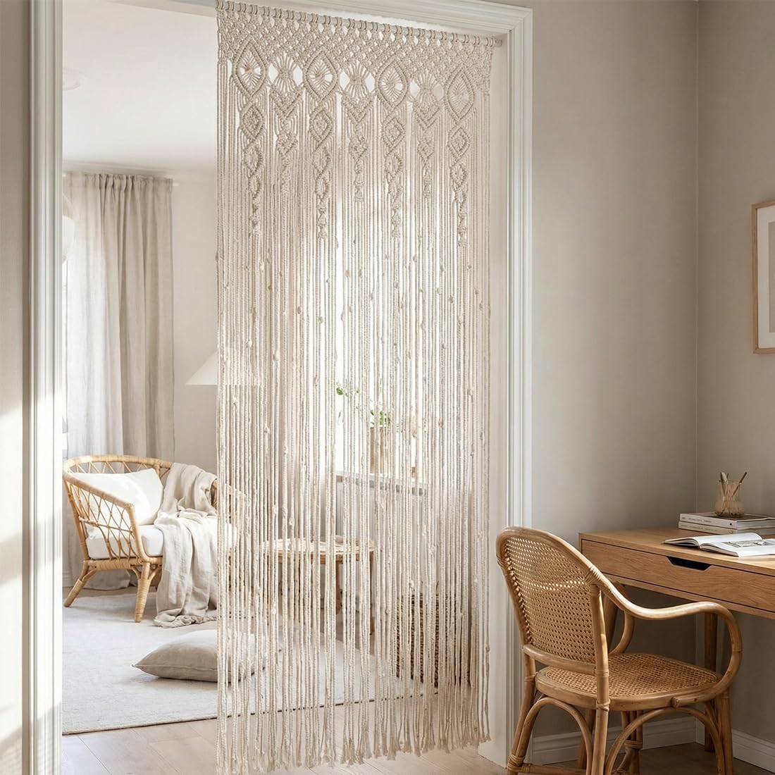 Arazzo da parete in macramè, stile bohémien, tessuto a mano, in macramè, decorazione da parete per divisori, tende per finestre, matrimoni, decorazioni da parete per la casa, beige (35 x 70 cm)