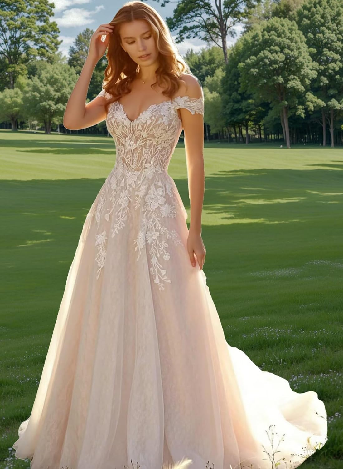 Lace Wedding Dresses for Bride Floral Boho Beach Bridal Dress Off Shoulder Wedding Gown with Train