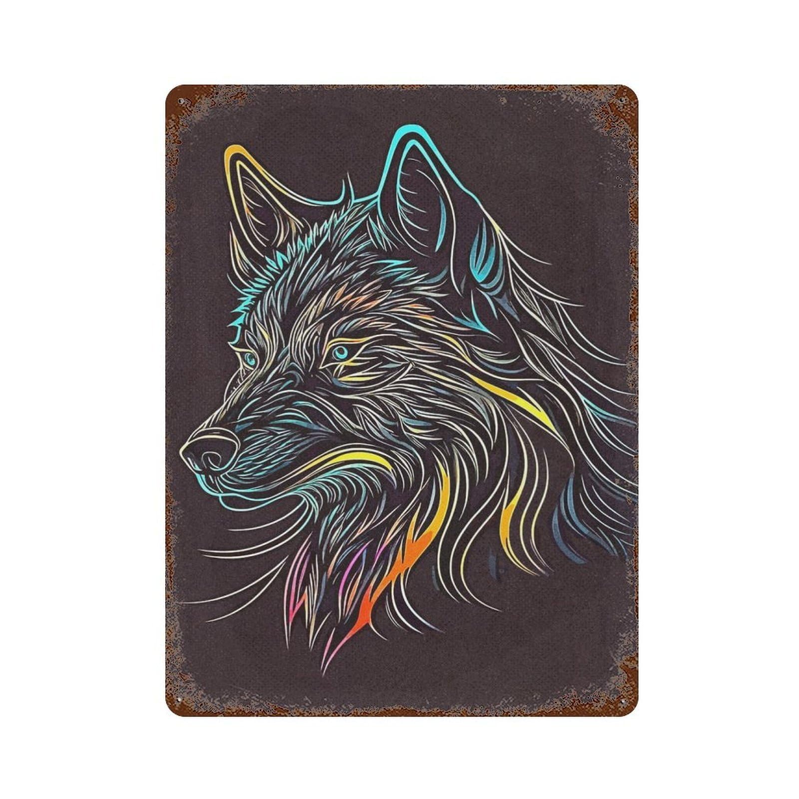 Line Art Wolf Retro Metal Sign 15.7"x11.8", Ideal for Cafe, Home Bar And Lounge Decor