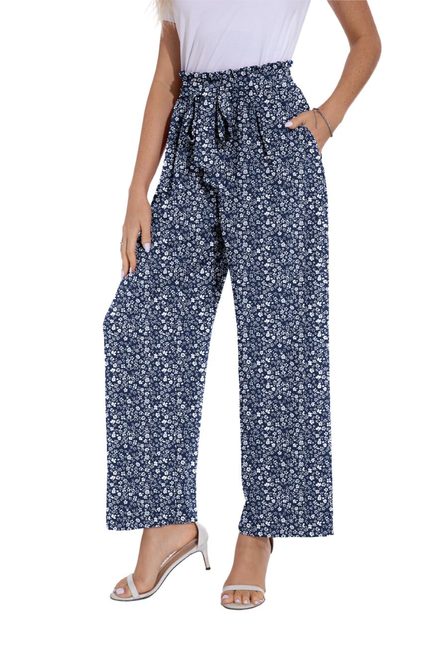 PrinStory Pantalon d'été léger à jambe large avec poches et taille élastique pour femme