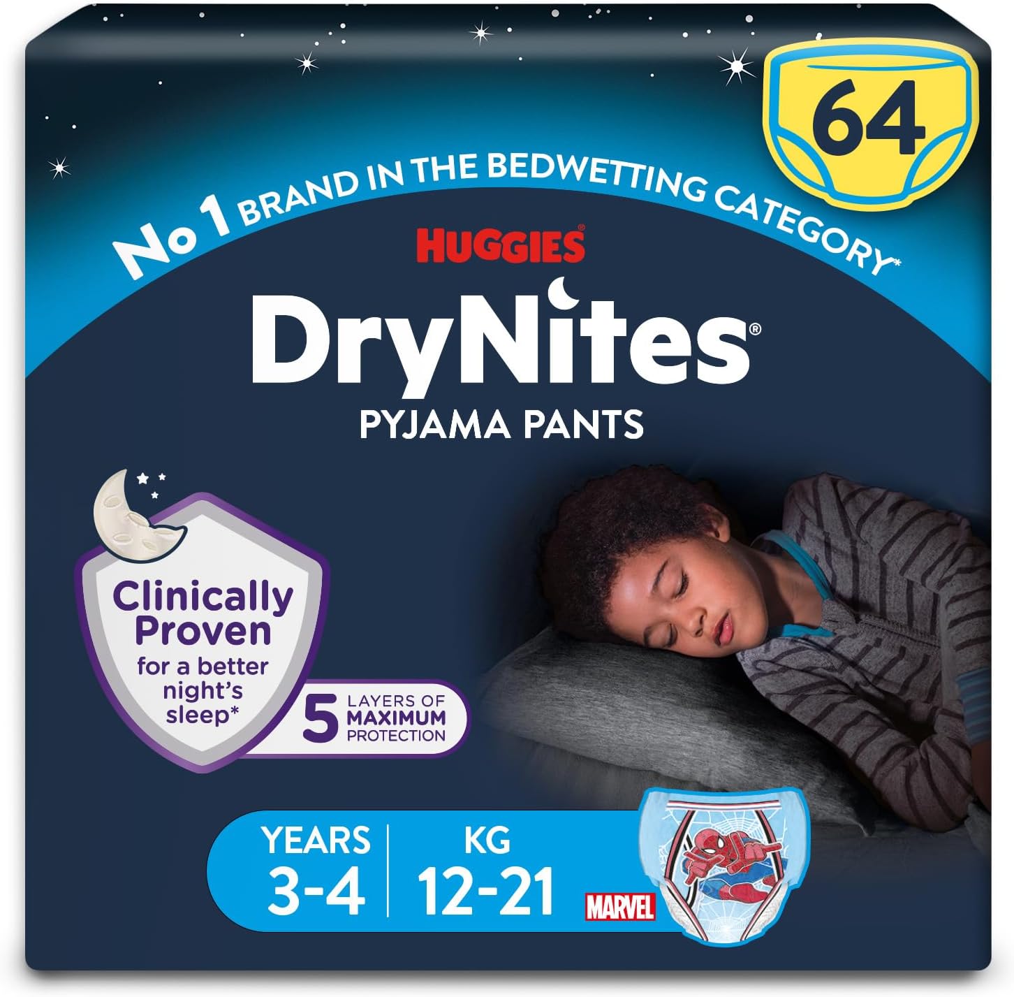DryNites Pyjama Pants, Boys 3-4 Years (12-21KG), 64 x Bedwetting Pants, Up to 100% Leak Free Nights