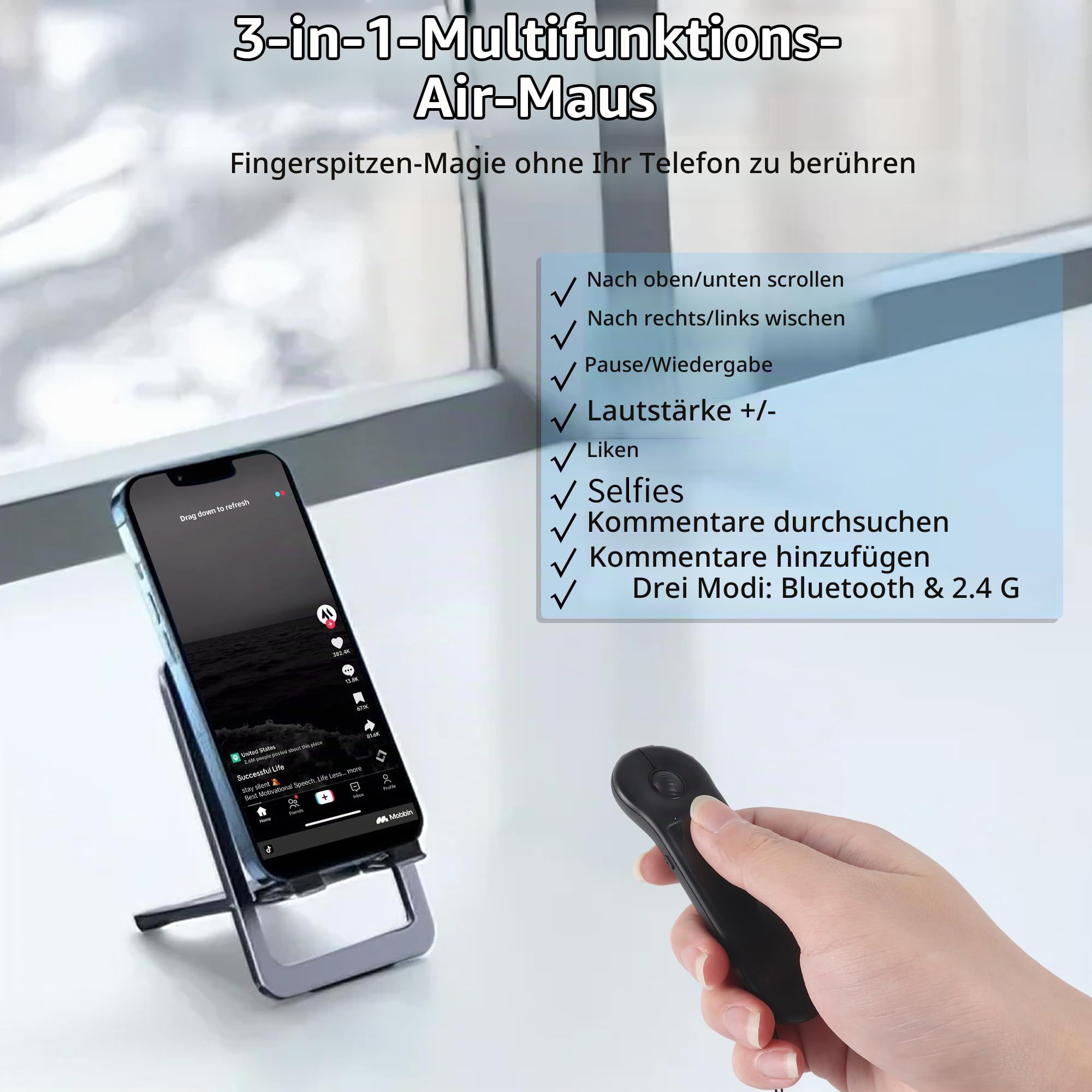 Fingerspitzen Scrolling Mini Bluetooth-Maus,BT5.3+2.4G+USB-C,Drei-Modus+Touchpad,4in1Tragbare Page Turner Handheld Air Mouse Presenter Fernbedienung,Kabellose Finger Scroller für TikTok pad phone,Grau