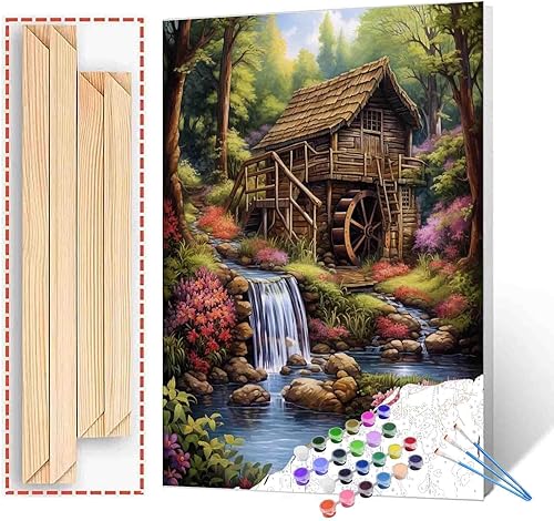 Miniatura 8 de Kit de pintura de flores para casa por números con pinceles y pigmento acrílico sobre lienzo para adultos, paisajes de bosques arroyos, artes,