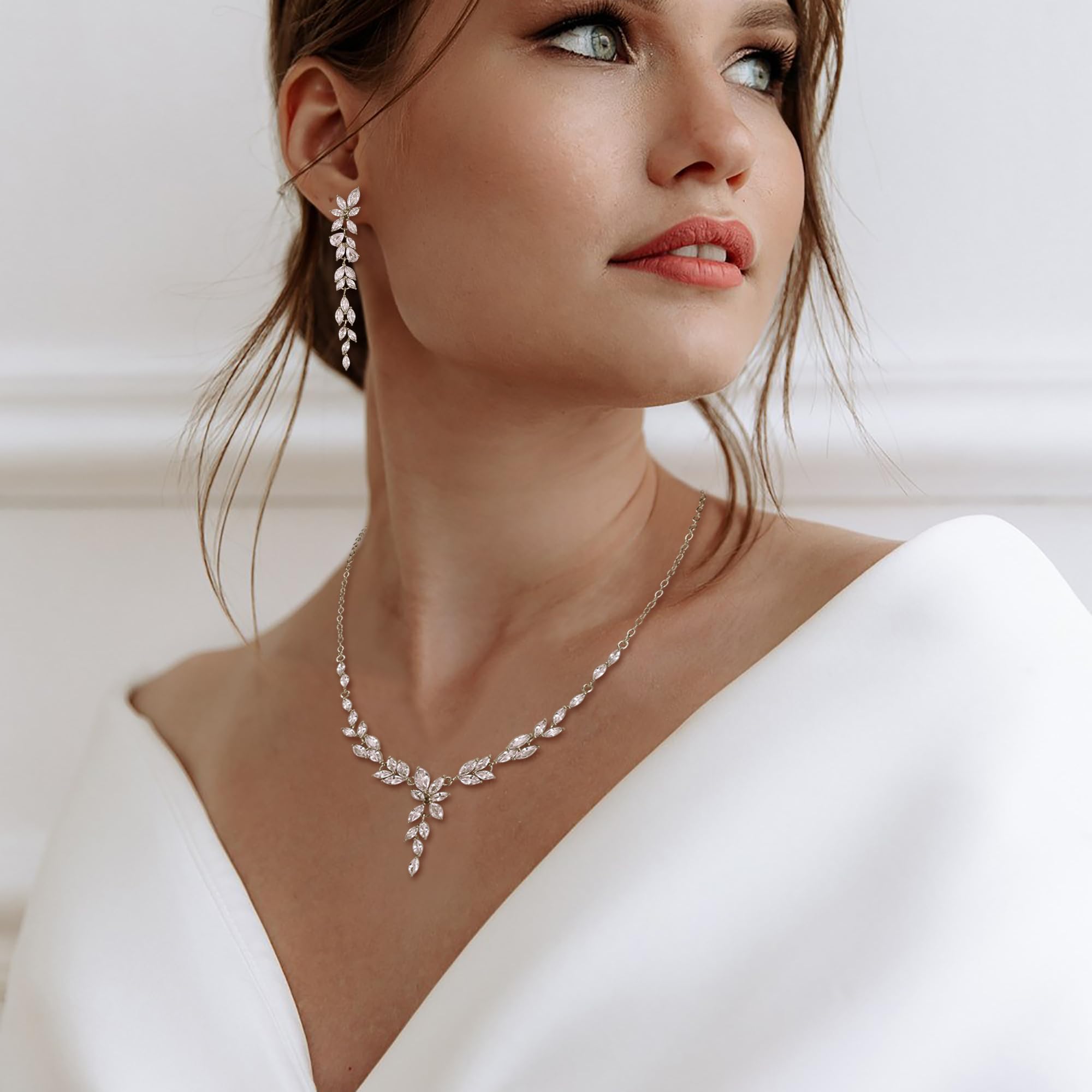 Juego de joyas de boda para novias, damas de honor, marquesa brillante, circonia cúbica, cadena de novia, pendientes largos colgantes, juego de pulseras de tenis